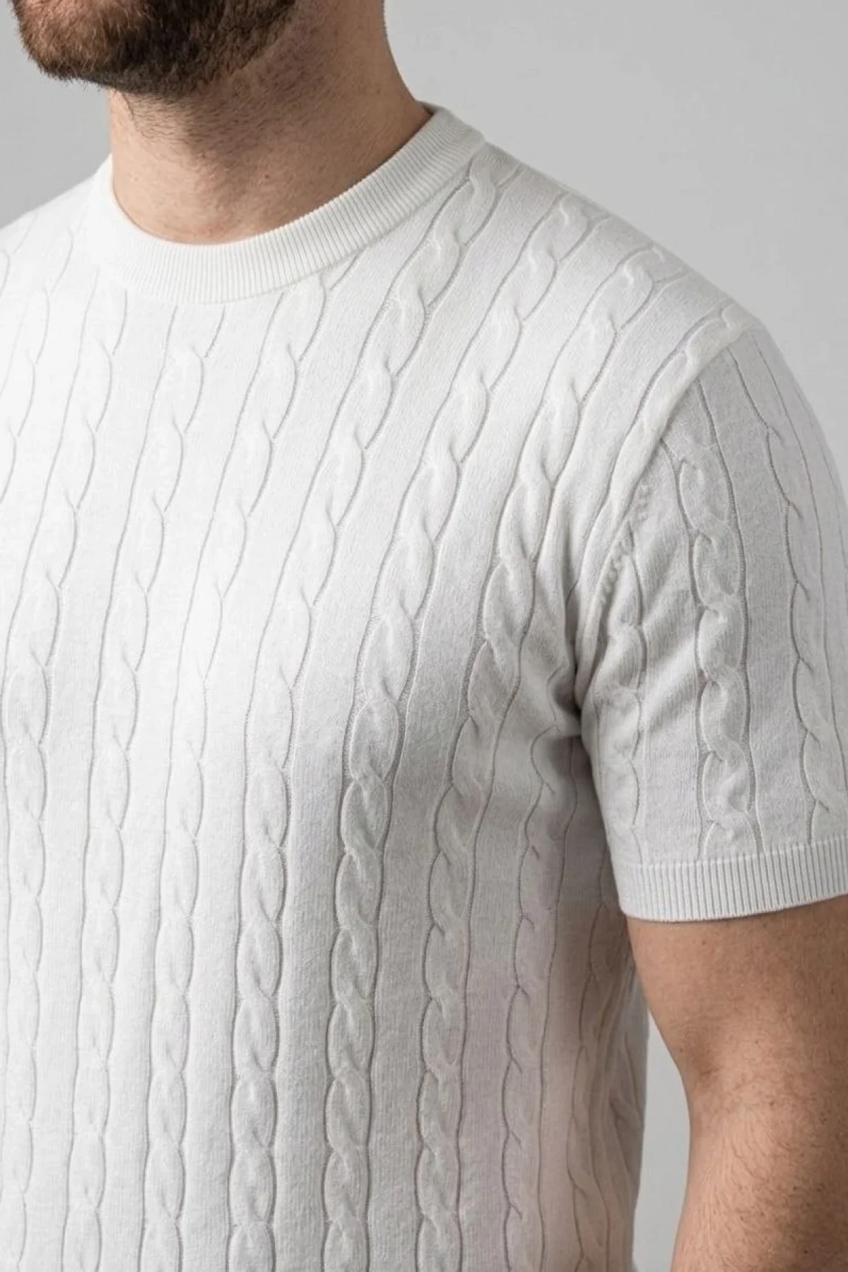 Erkek Yazlık Triko Dokuma Tişört Kısa Kol Bisiklet Yaka Örgü Desenli T-Shirt - Beyaz