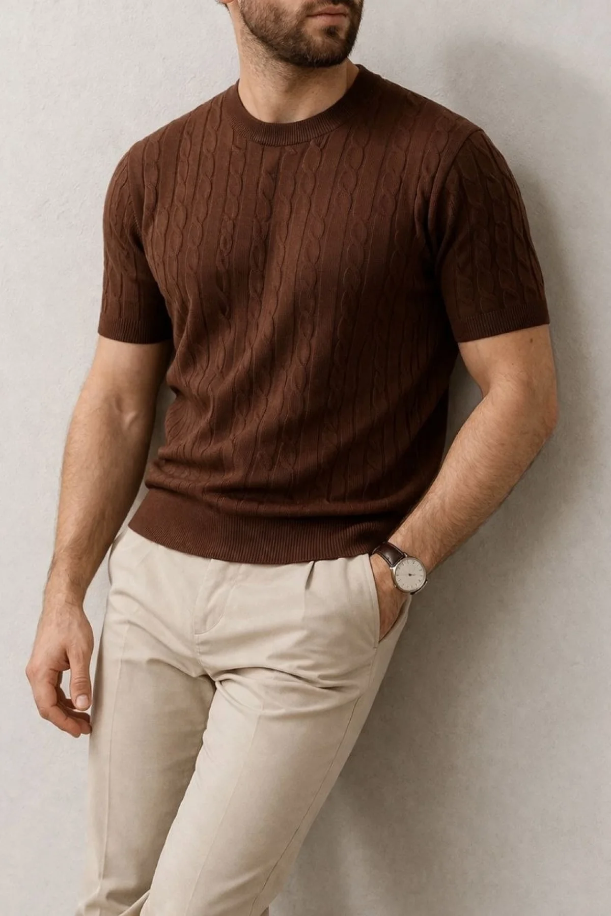 Erkek Yazlık Triko Dokuma Tişört Kısa Kol Bisiklet Yaka Örgü Desenli T-Shirt - Kahverengi