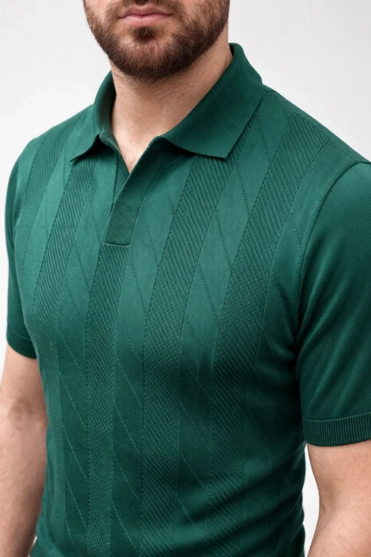 Erkek Yazlık Triko Dokuma Tişört Kısa Kol Polo Yaka T-Shirt - Koyu Yeşil