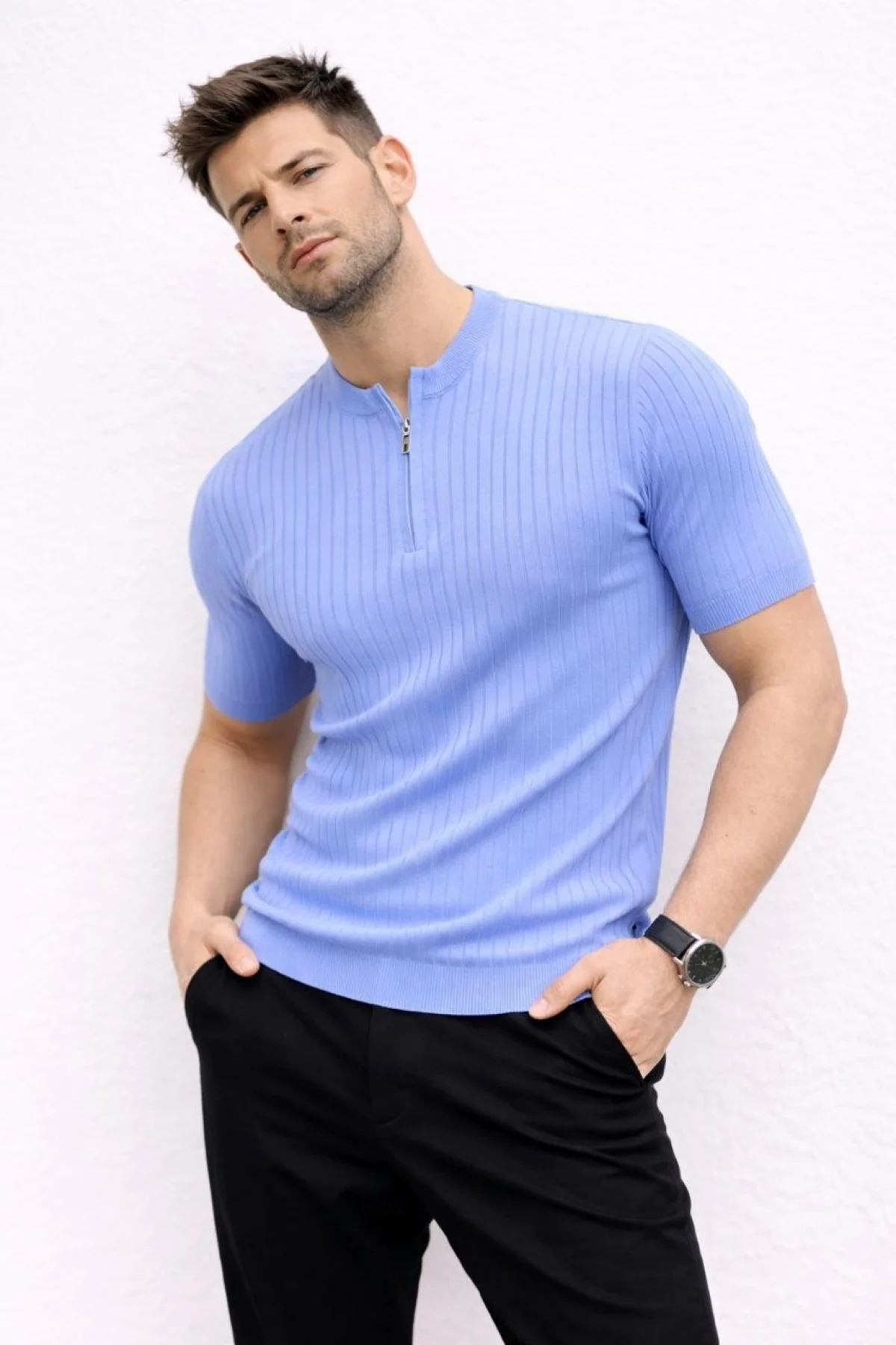 Erkek Kısa Kol Fitilli Triko T-Shirt Yazlık Hakim Yaka Tişört - Bebek Mavisi