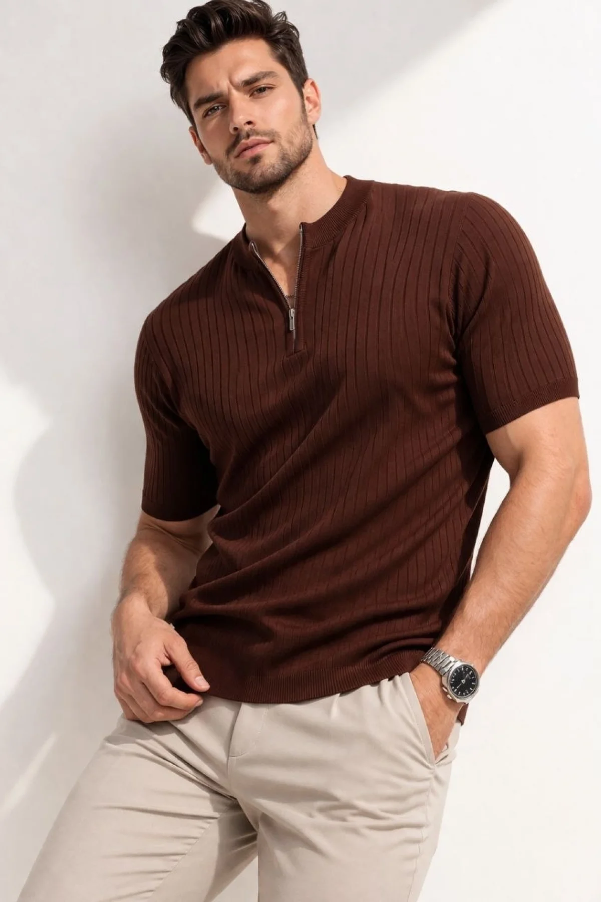 Erkek Kısa Kol Fitilli Triko T-Shirt Yazlık Hakim Yaka Tişört - Kahverengi