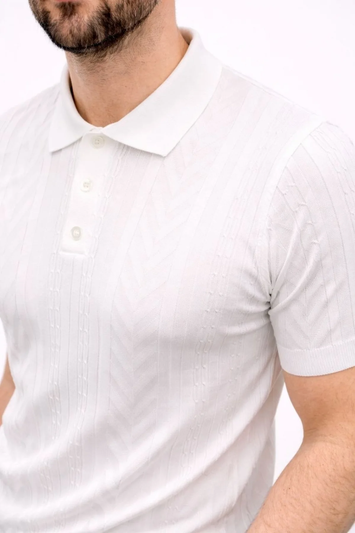 Erkek Yazlık Triko Tişört Kısa Kol Polo Yaka Düğmeli T-Shirt - Beyaz