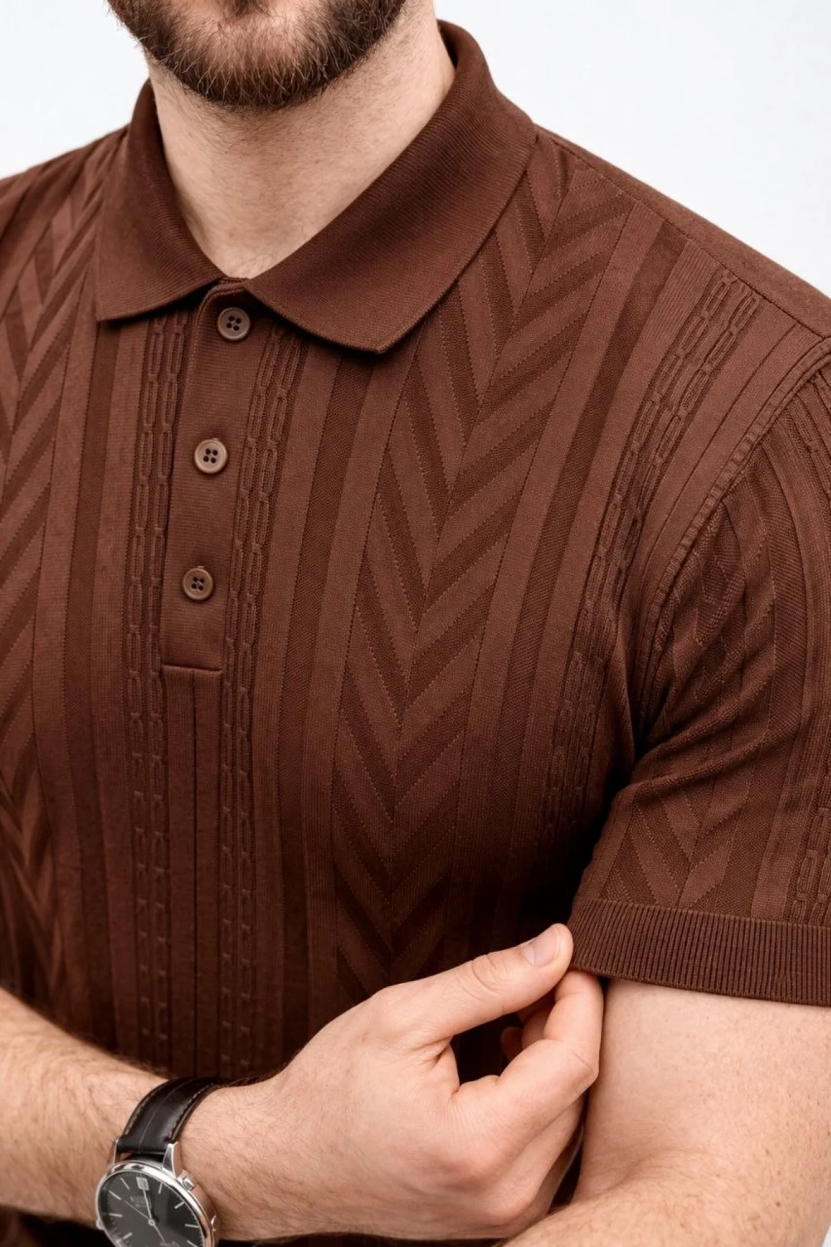 Erkek Yazlık Triko Tişört Kısa Kol Polo Yaka Düğmeli T-Shirt - Kahverengi