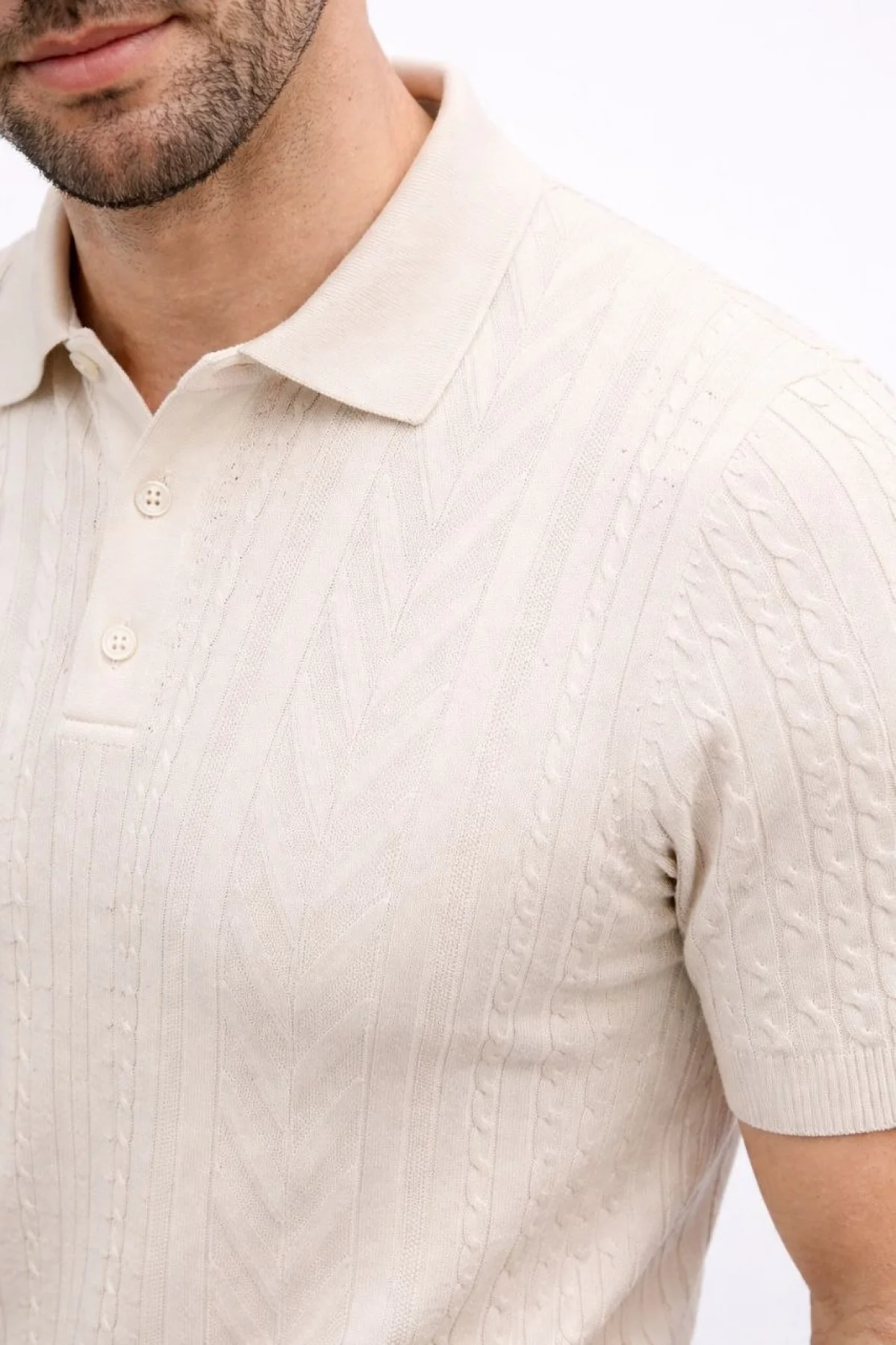 Erkek Yazlık Triko Tişört Kısa Kol Polo Yaka Düğmeli T-Shirt - Krem