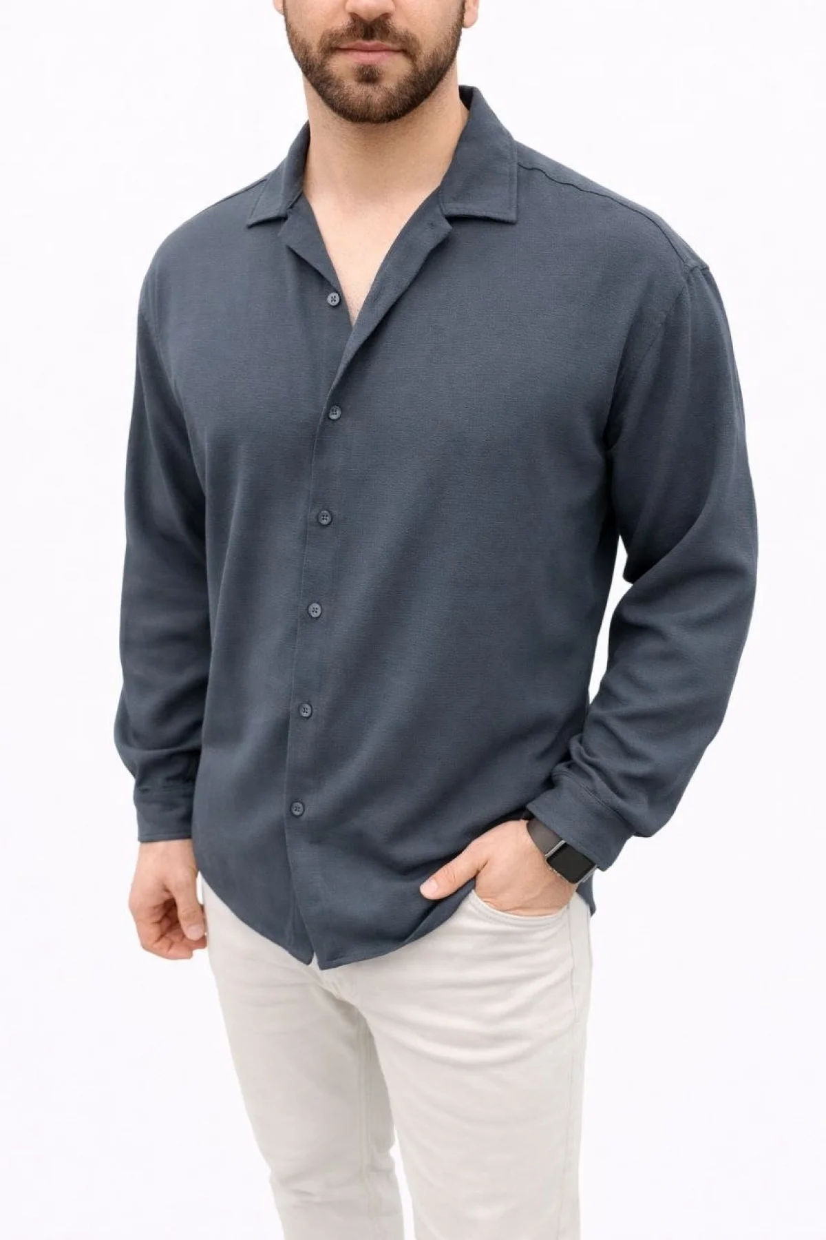 Erkek Aerobin Kumaş Oversize 4 Mevsim Uzun Kollu Rahat Kalıp Gömlek - Füme