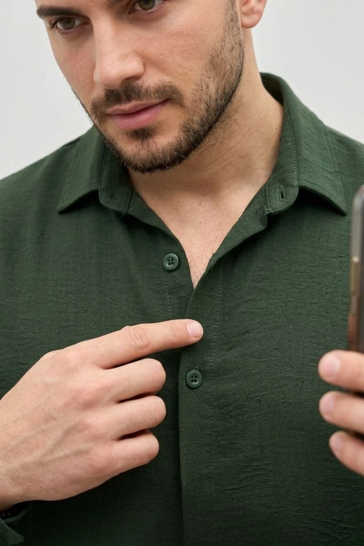 Erkek Aerobin Kumaş Oversize 4 Mevsim Uzun Kollu Rahat Kalıp Gömlek - Haki