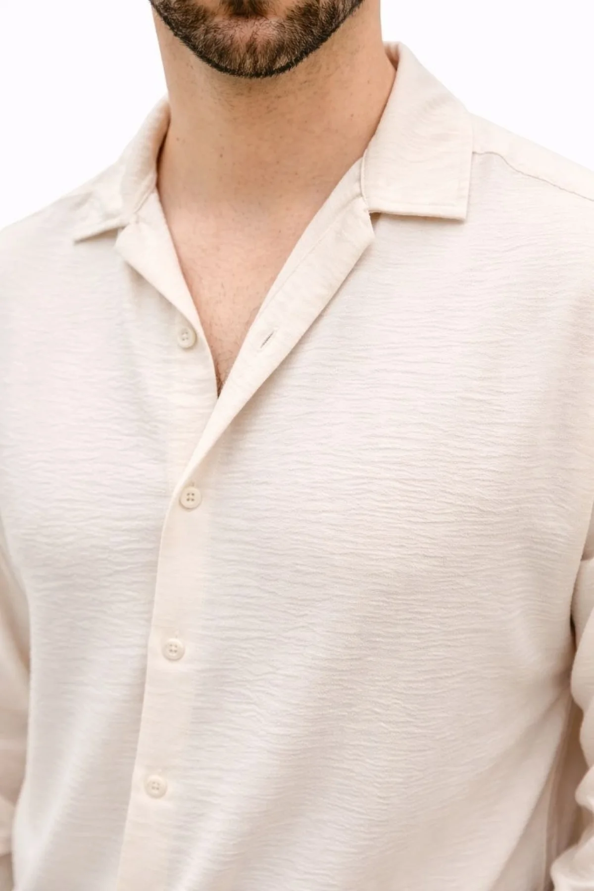 Erkek Aerobin Kumaş Oversize 4 Mevsim Uzun Kollu Rahat Kalıp Gömlek - Bej