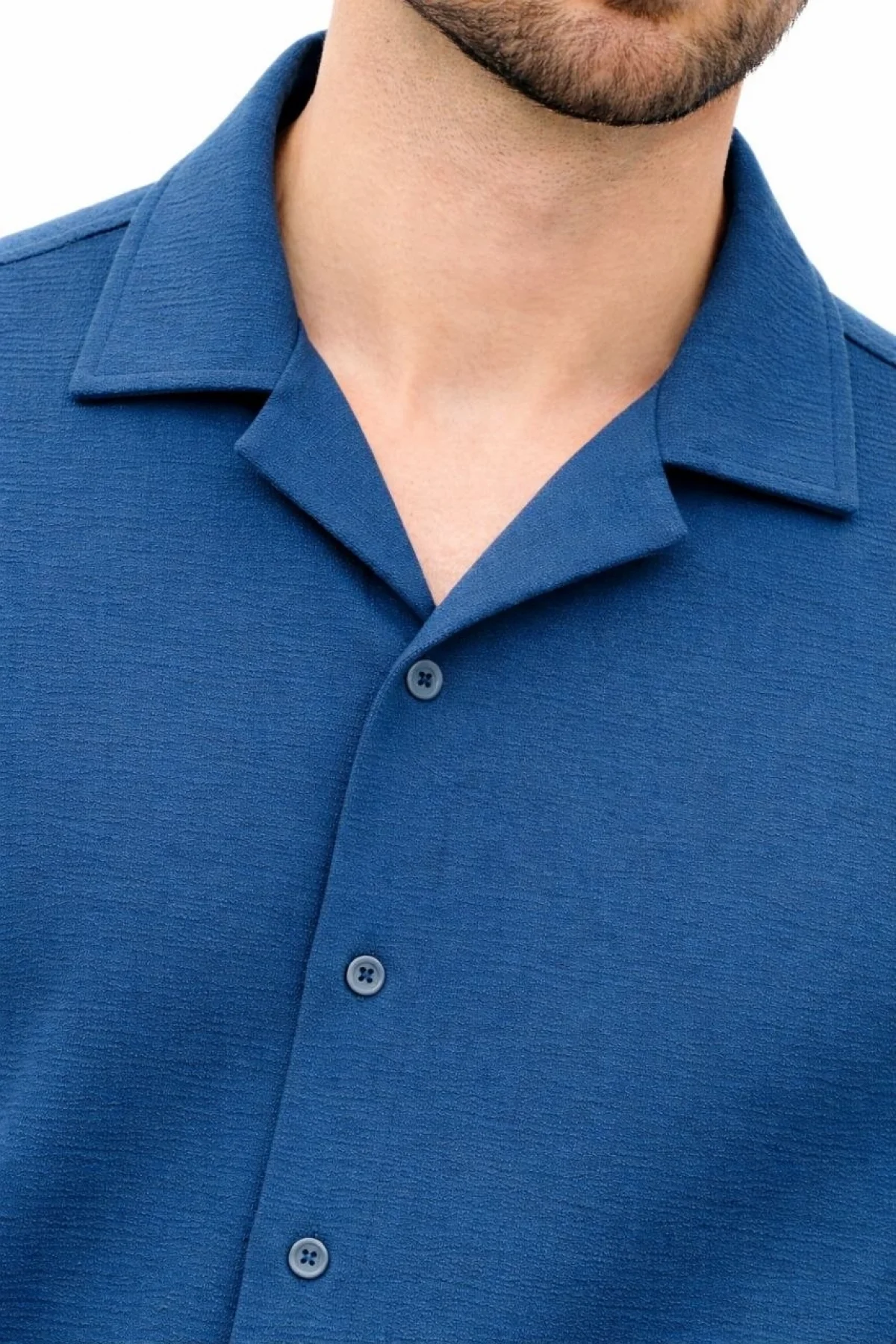 Erkek Aerobin Kumaş Oversize 4 Mevsim Uzun Kollu Rahat Kalıp Gömlek - İndigo