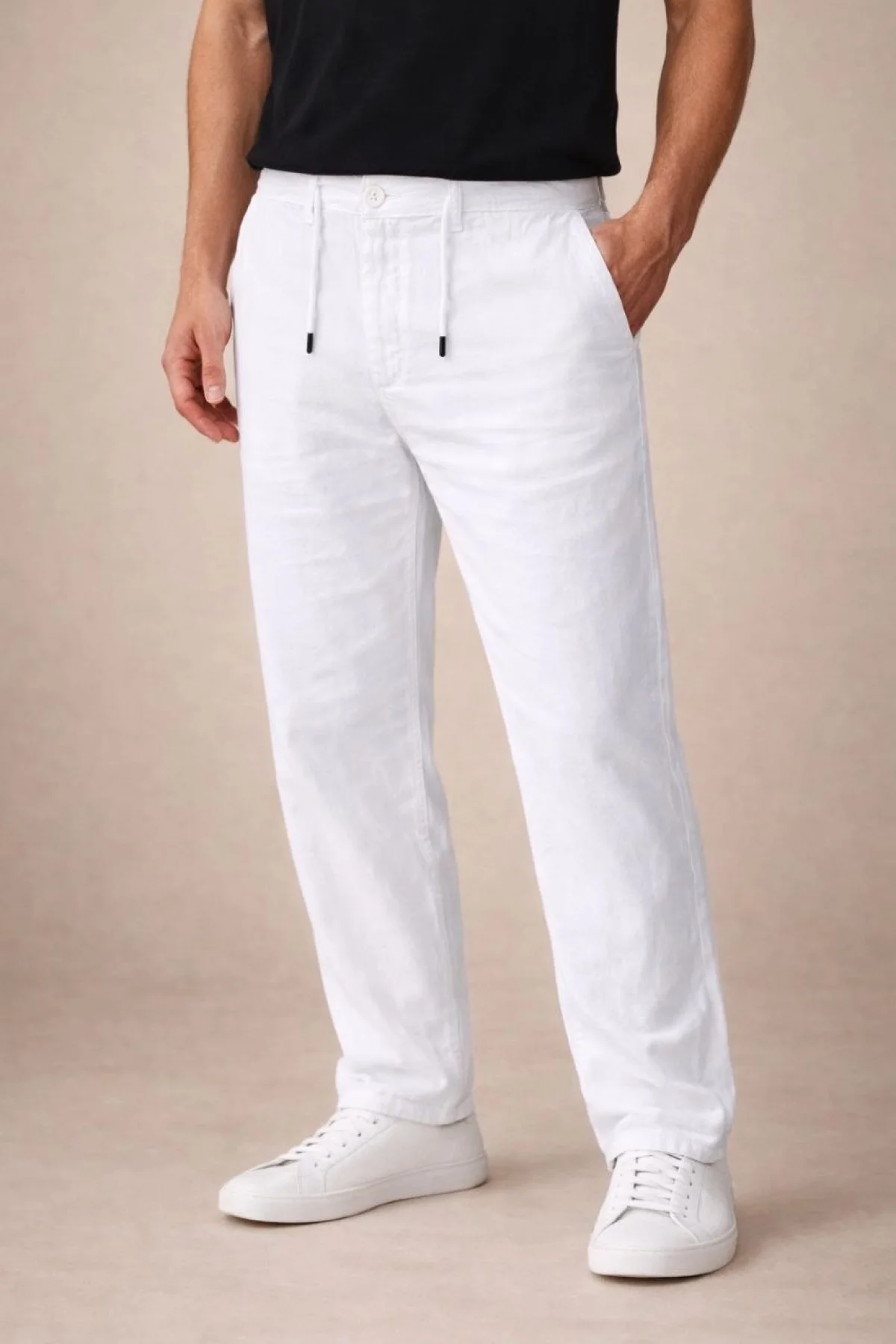 Erkek Keten Cepli Pantolon Lastikli Bel Bağcıklı Önden Fermuarlı - Beyaz