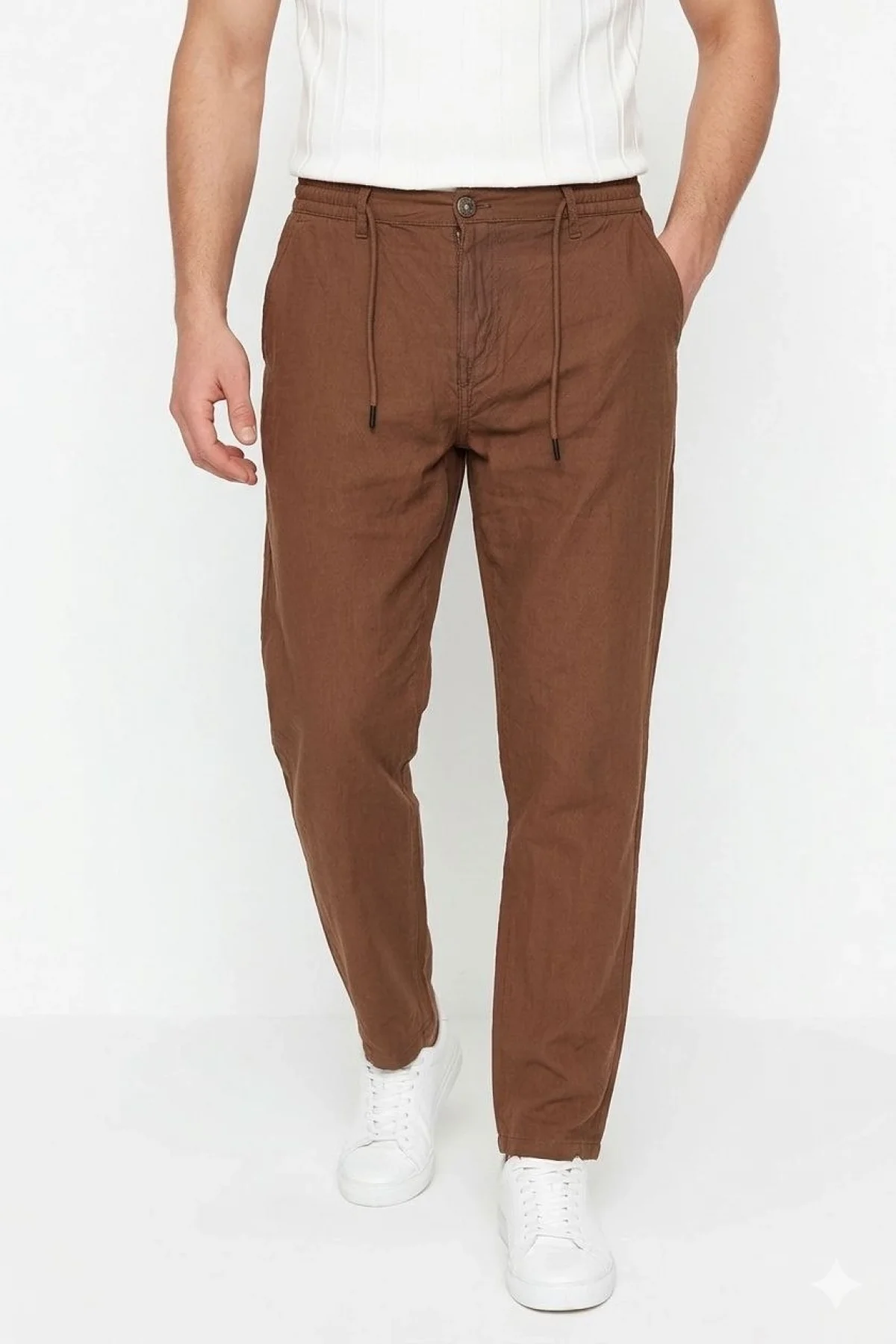 Erkek Keten Cepli Pantolon Lastikli Bel Bağcıklı Önden Fermuarlı - Kahverengi