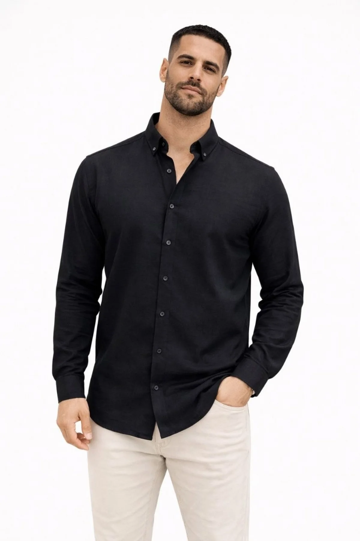 Erkek KETEN Kumaş Oversize Uzun Kollu Rahat Kalıp Gömlek - Siyah