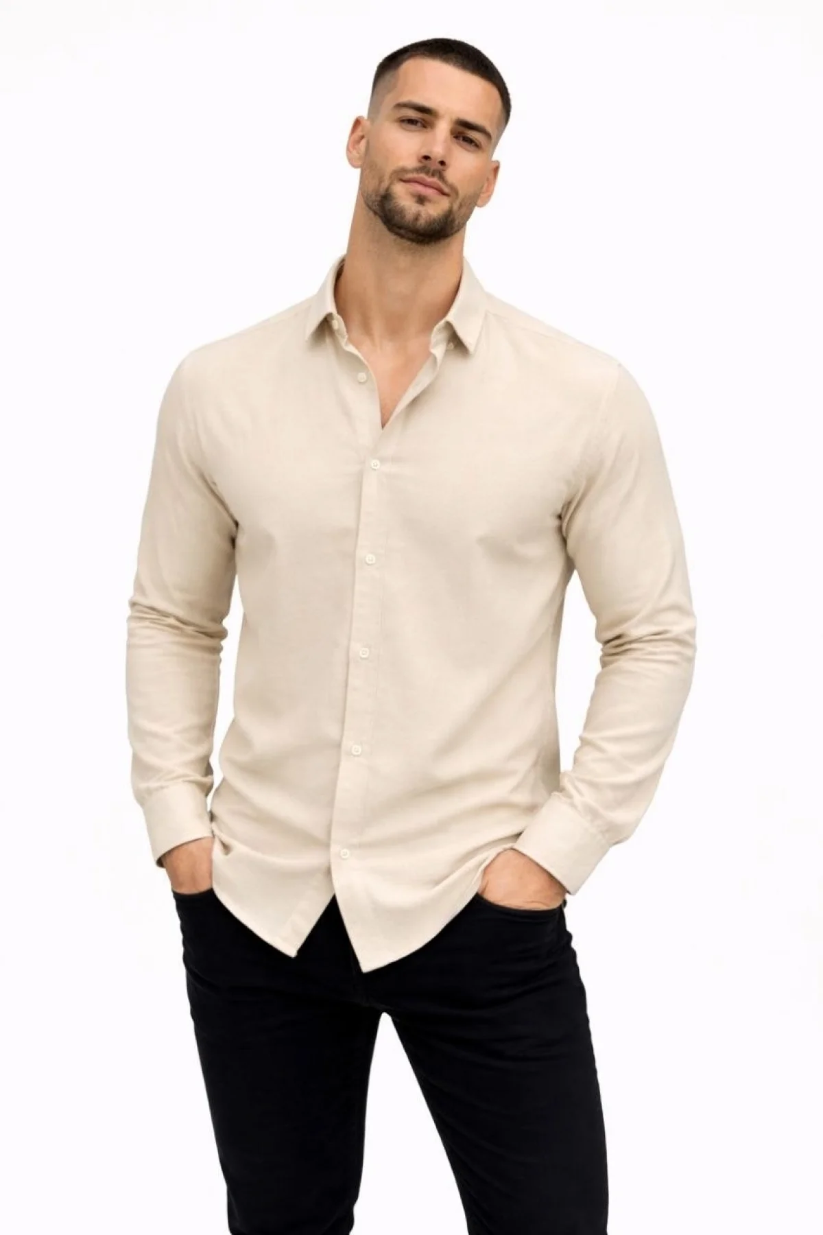 Erkek KETEN Kumaş Oversize Uzun Kollu Rahat Kalıp Gömlek - Bej