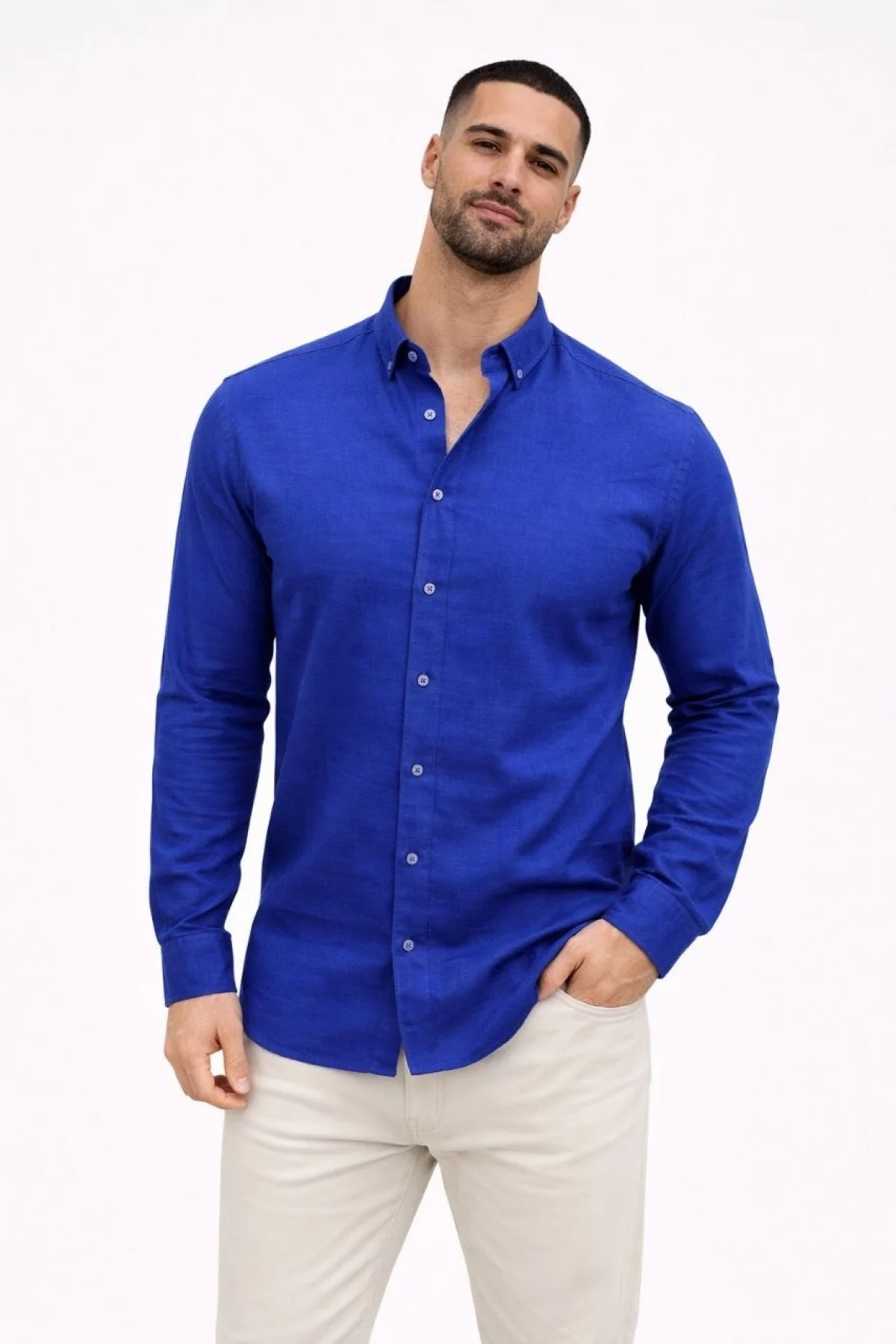 Erkek KETEN Kumaş Oversize Uzun Kollu Rahat Kalıp Gömlek - Saks Mavisi