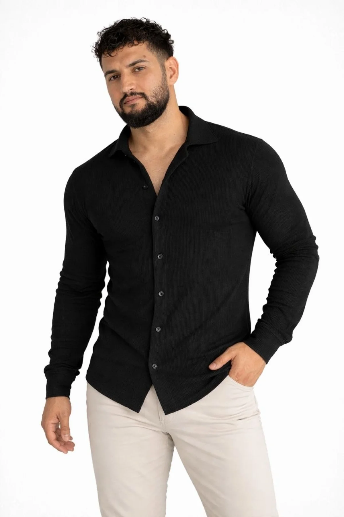 Erkek Waffle Kumaş Uzun Kollu Düğmeli Açık Yaka Regular Fit Gömlek - Siyah