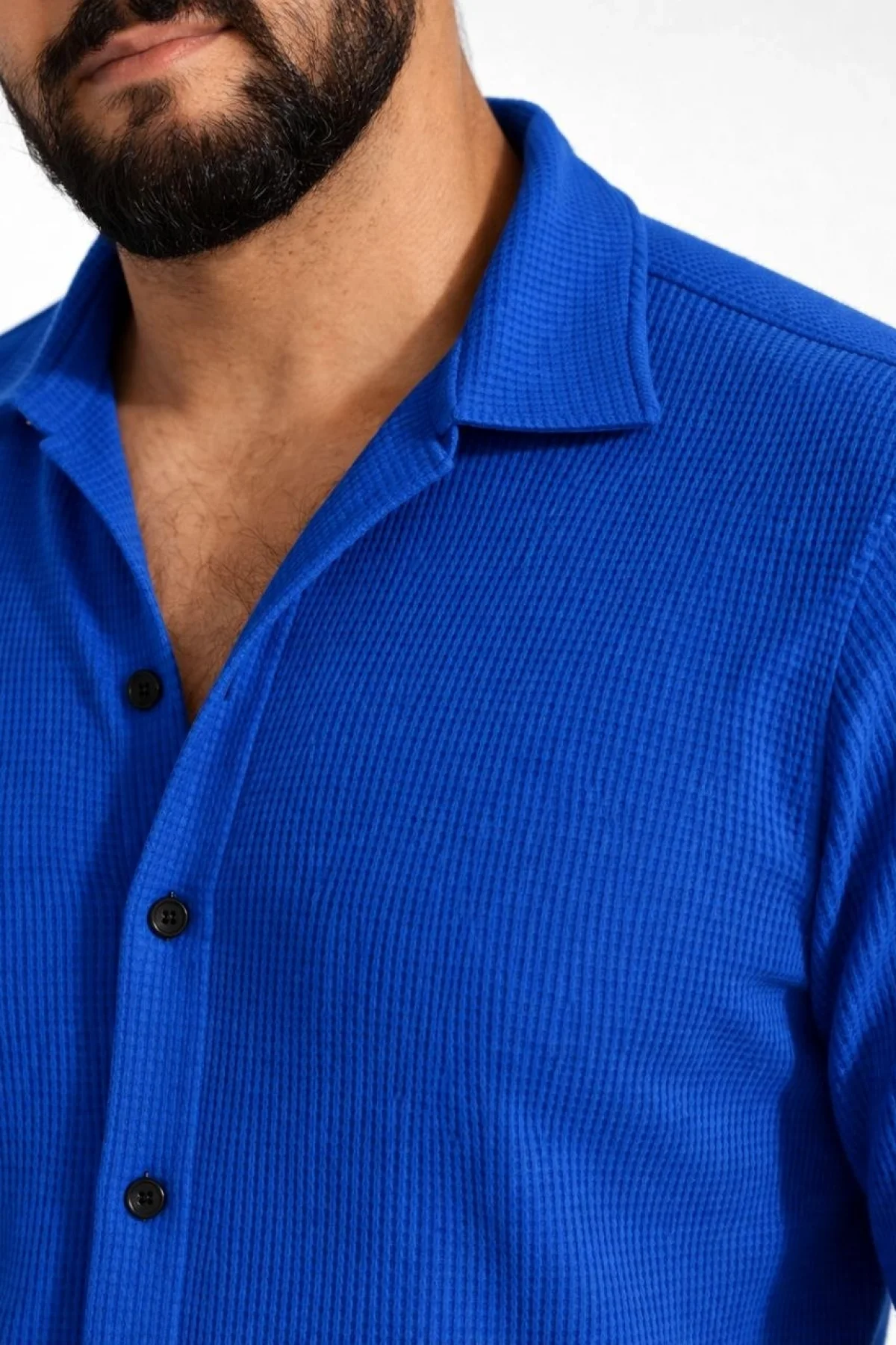Erkek Waffle Kumaş Uzun Kollu Düğmeli Açık Yaka Regular Fit Gömlek - Saks Mavisi
