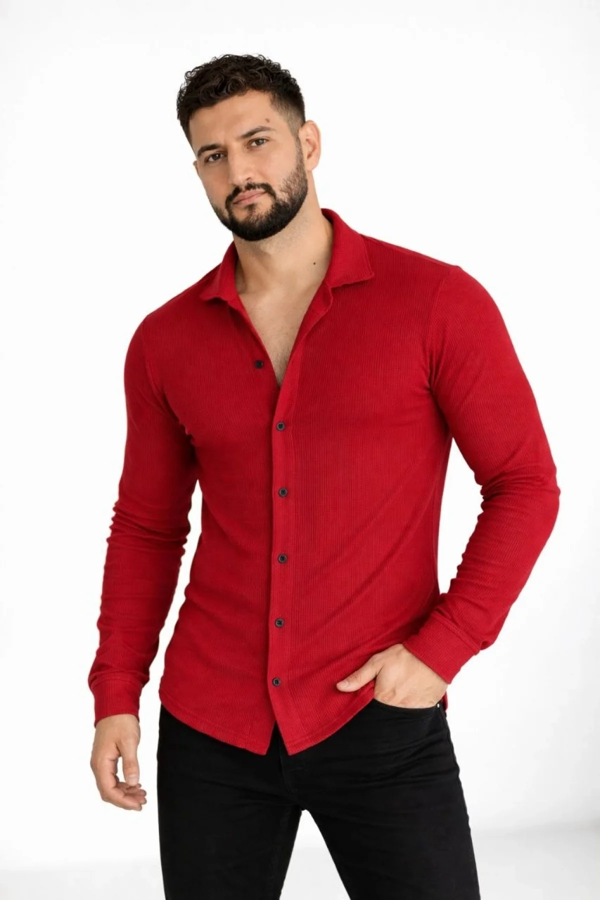 Erkek Waffle Kumaş Uzun Kollu Düğmeli Açık Yaka Regular Fit Gömlek - Kırmızı