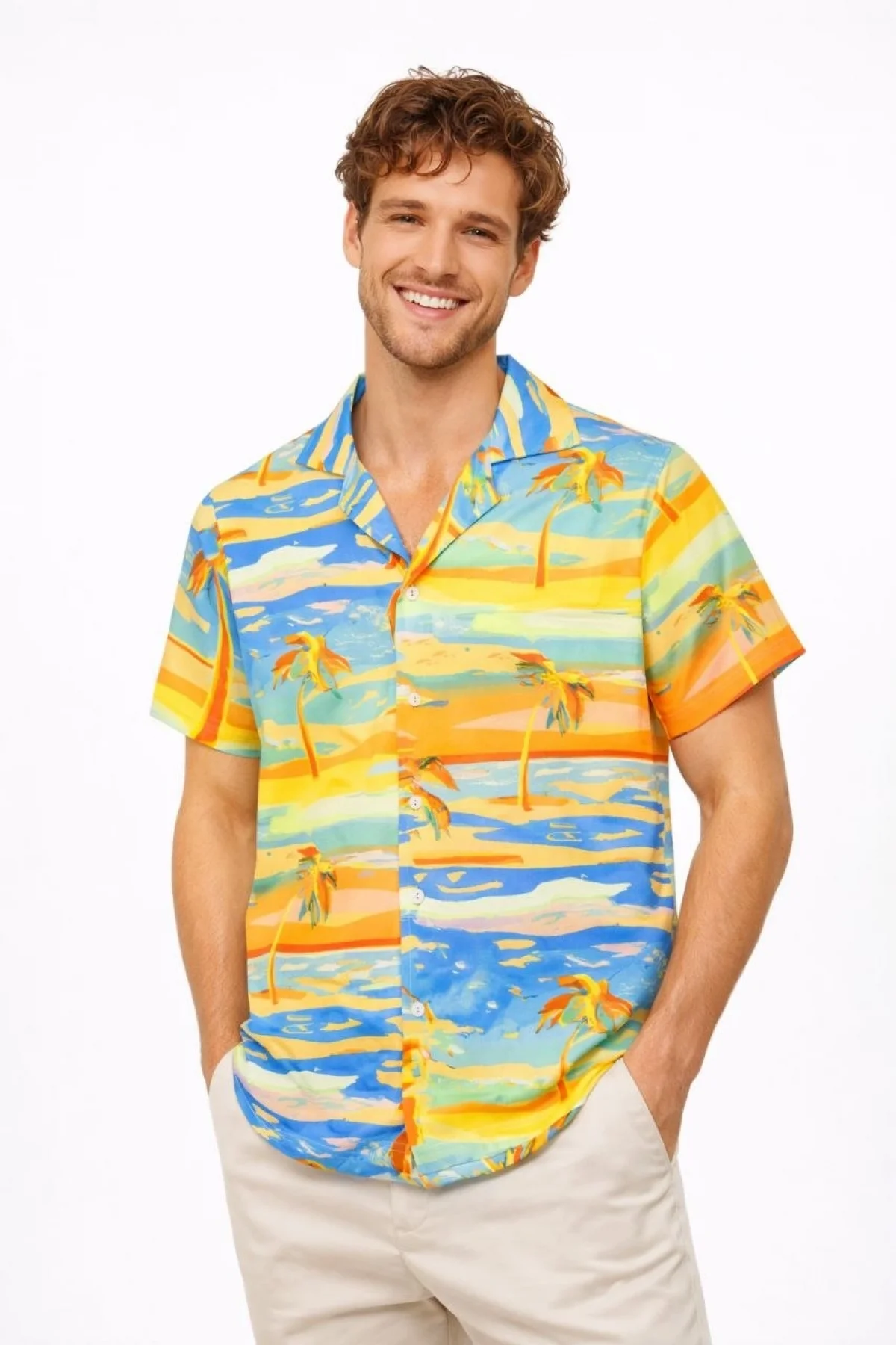 Erkek Tropikal Palmiye Desenli Kısa Kol Gömlek Yazlık Beach Tarz Rahat Kalıp - Desenli