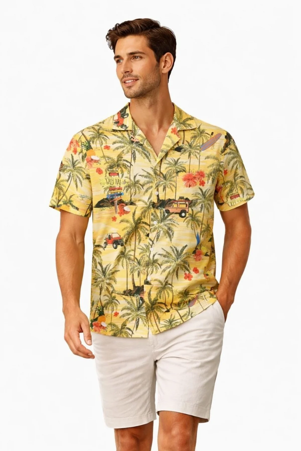 Erkek Tropikal Palmiye Desenli Kısa Kol Gömlek Hawaii Tarz Yazlık Rahat Kalıp - Desenli