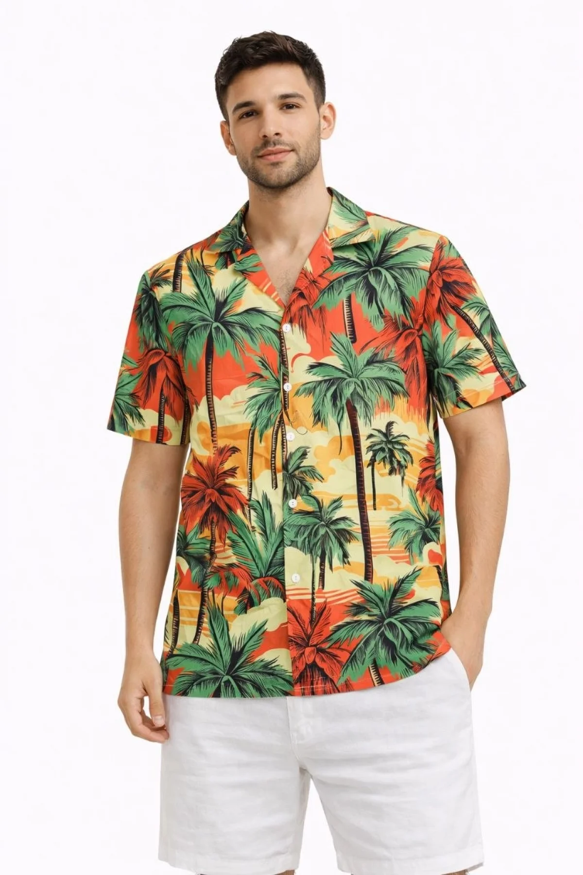 Erkek Hawaii Tarz Tropikal Palmiye Desenli Kısa Kol Gömlek Rahat Kalıp Yazlık - Desenli