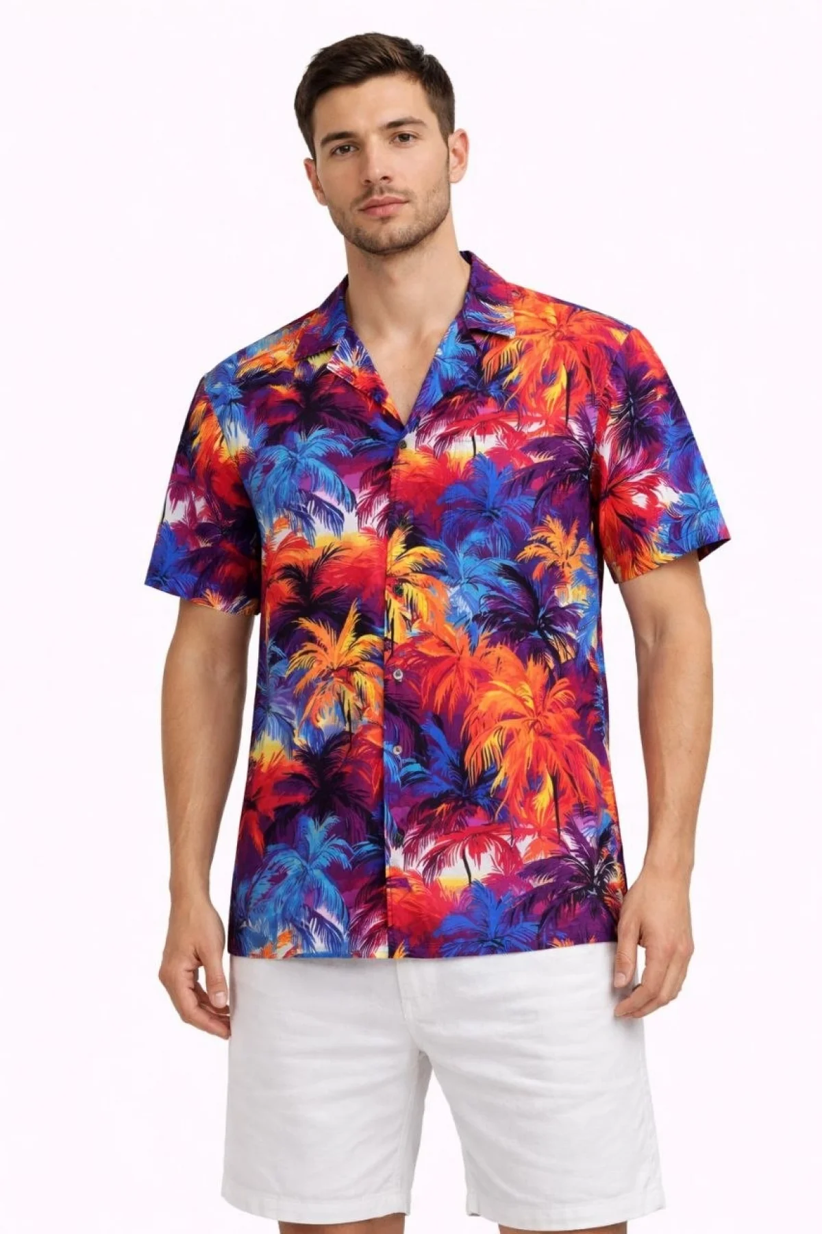 Erkek Tropikal Desenli Kısa Kol Gömlek Rahat Kalıp Yazlık Hawaii Tarz - Desenli
