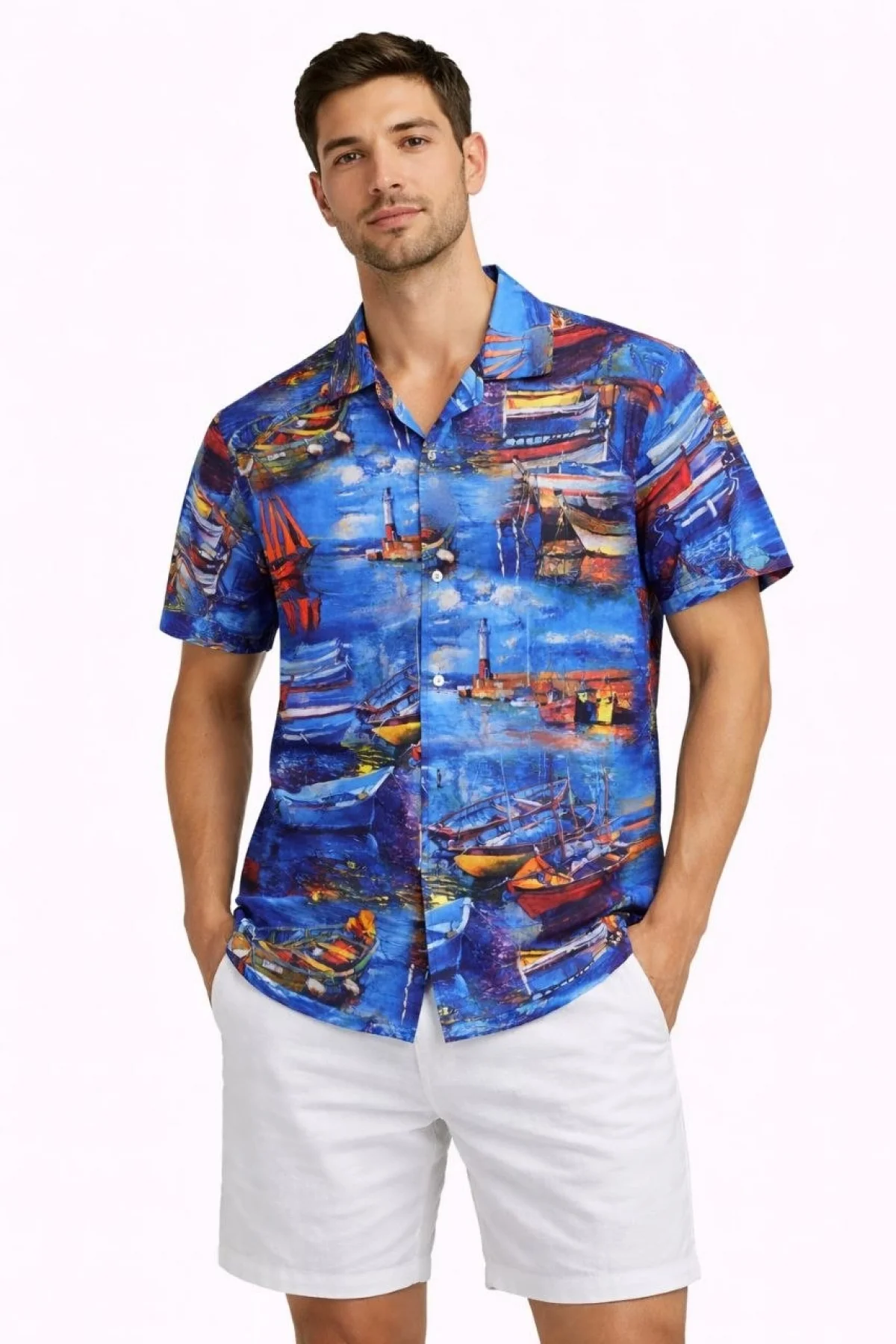 Erkek Marin Desenli Kısa Kol Gömlek Yazlık Rahat Kalıp Dijital Baskılı - Desenli