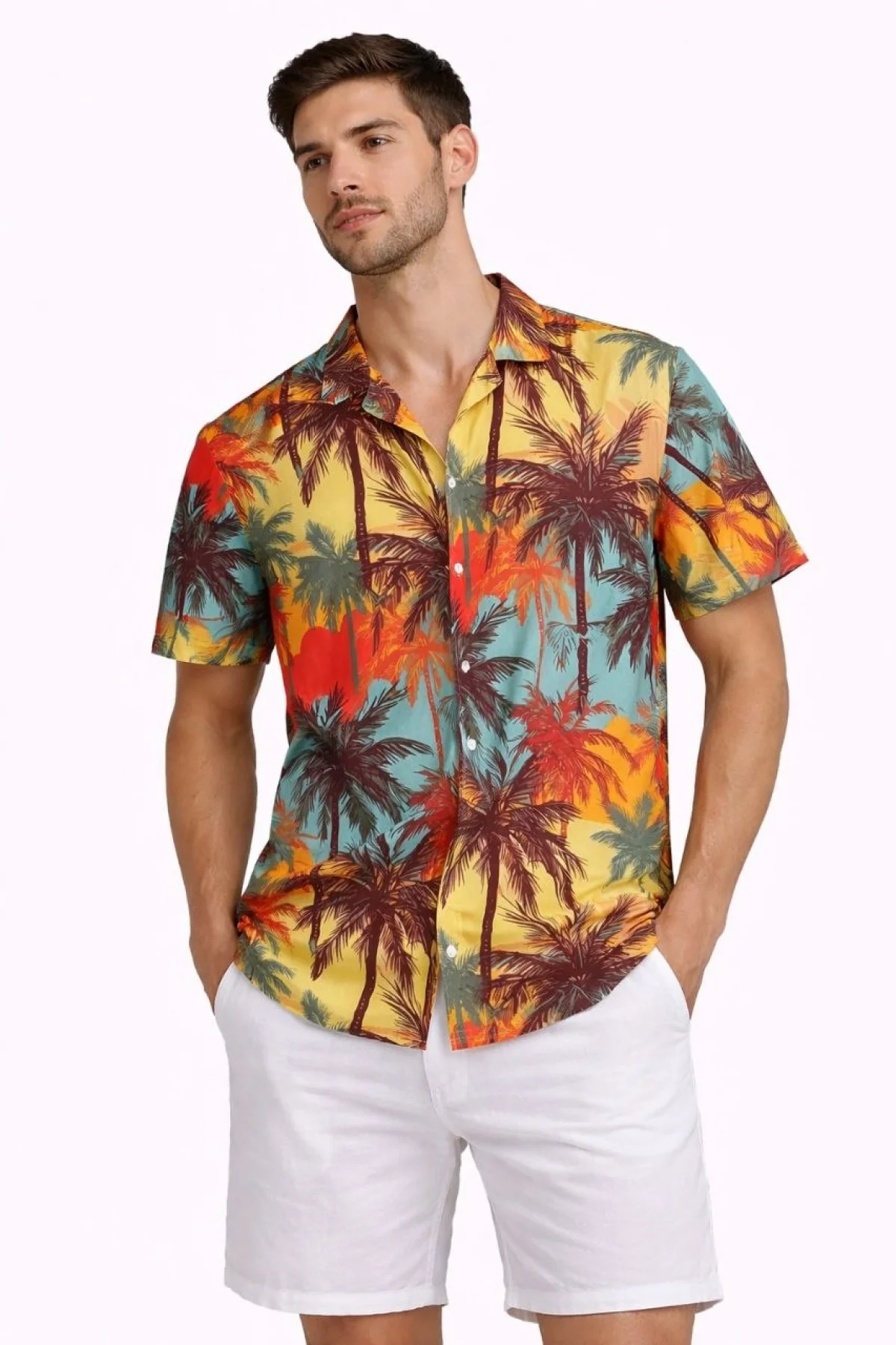 Erkek Tropikal Palmiye Desenli Kısa Kol Gömlek Yazlık Rahat Kalıp Dijital Baskılı - Desenli