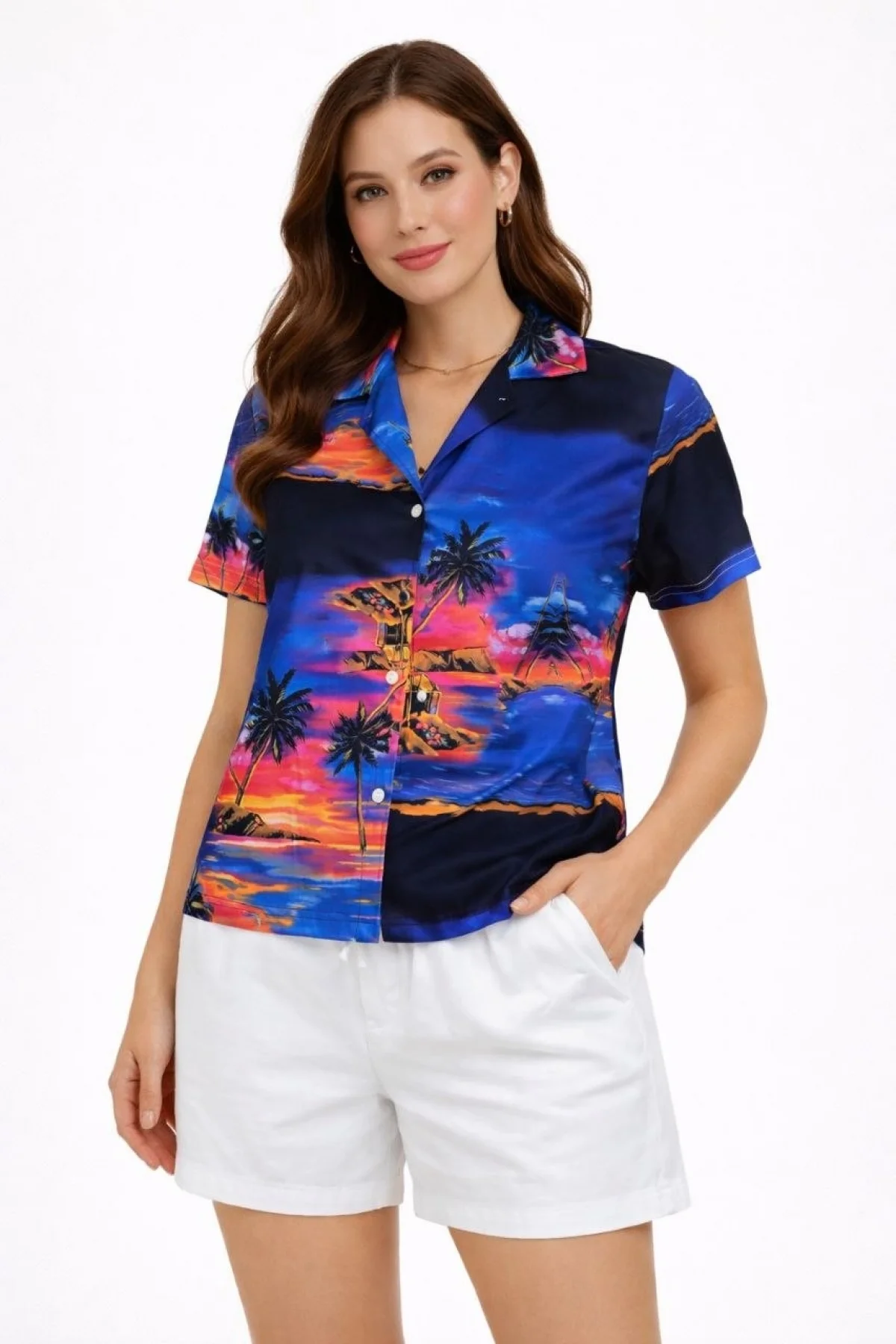 Kadın Gün Batımı Tropikal Desenli Kısa Kol Gömlek Şort Takım Yazlık Rahat Kalıp - Desenli