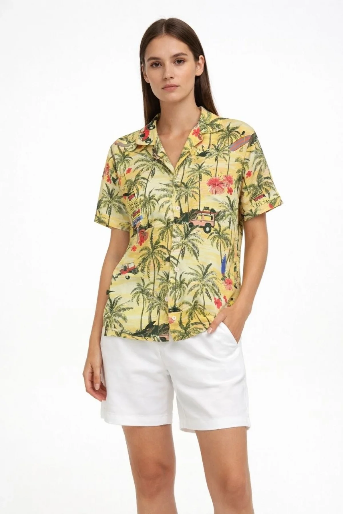 Kadın Gün Batımı Tropikal Desenli Kısa Kol Gömlek Şort Takım Yazlık Rahat Kalıp - Desenli