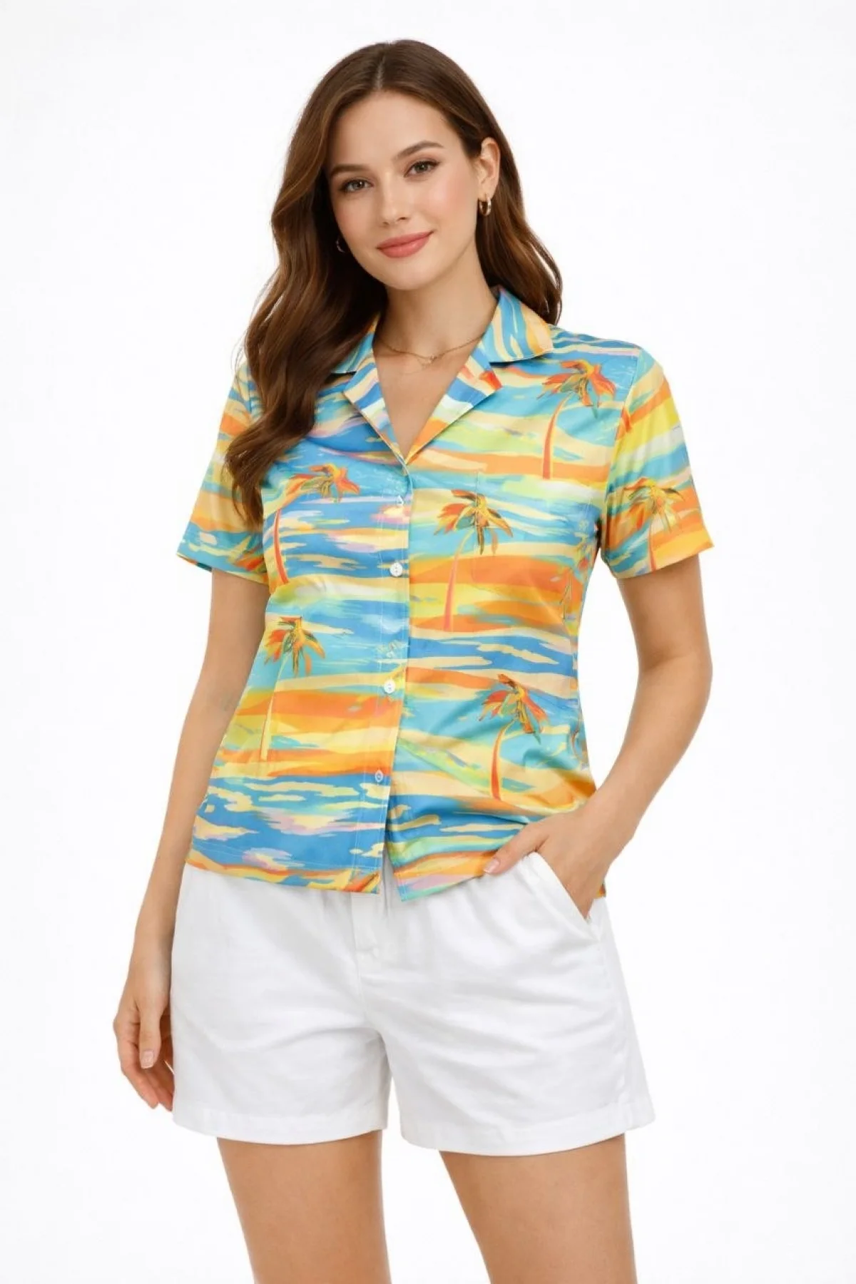 Kadın Yazlık Tropikal Desenli Gömlek Şort Takım Rahat Kalıp Tatil Kombin  - Desenli
