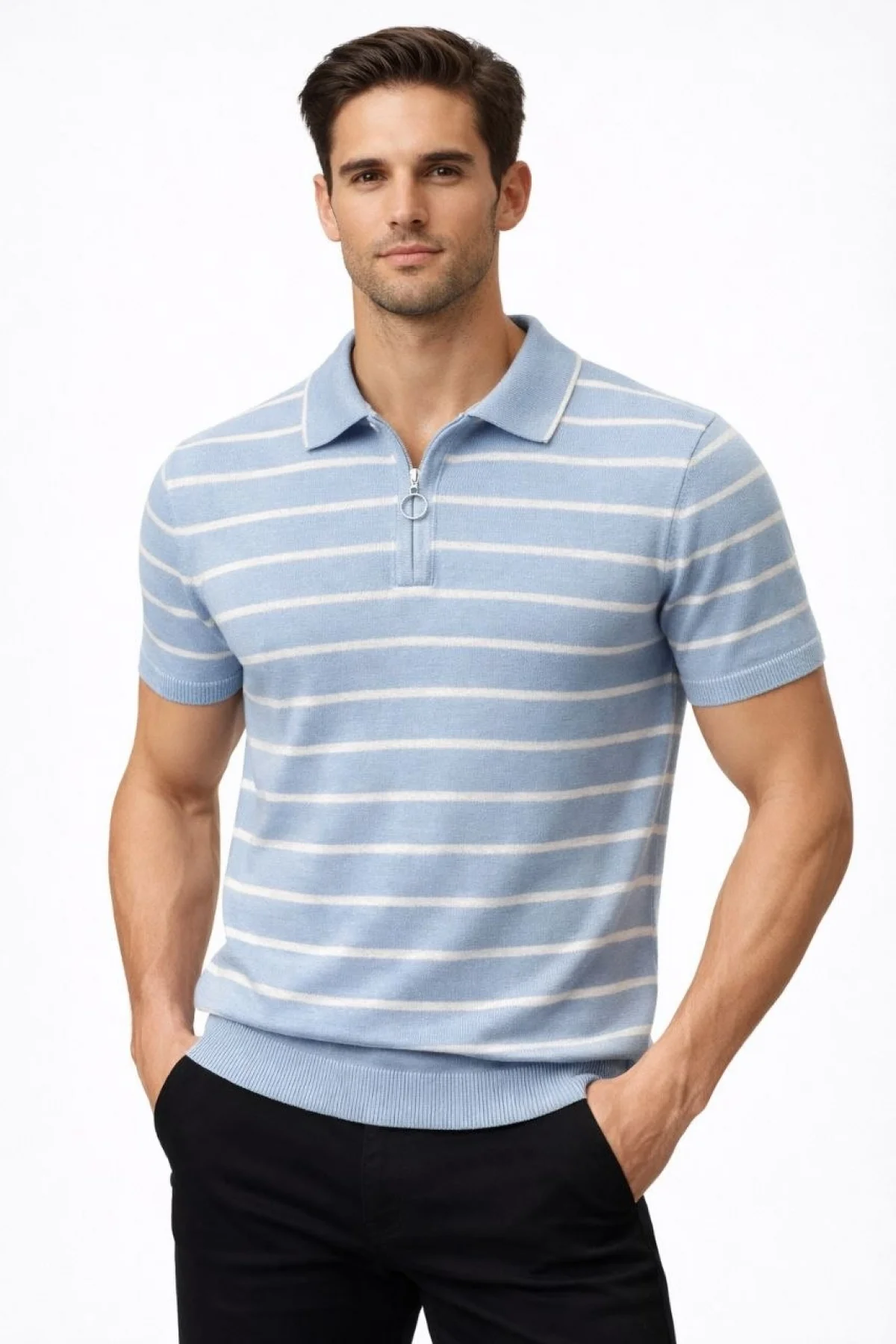 Erkek Triko Polo Yaka Fermuarlı Çizgili Tişört T-Shirt Yazlık Şık - Bebek Mavisi