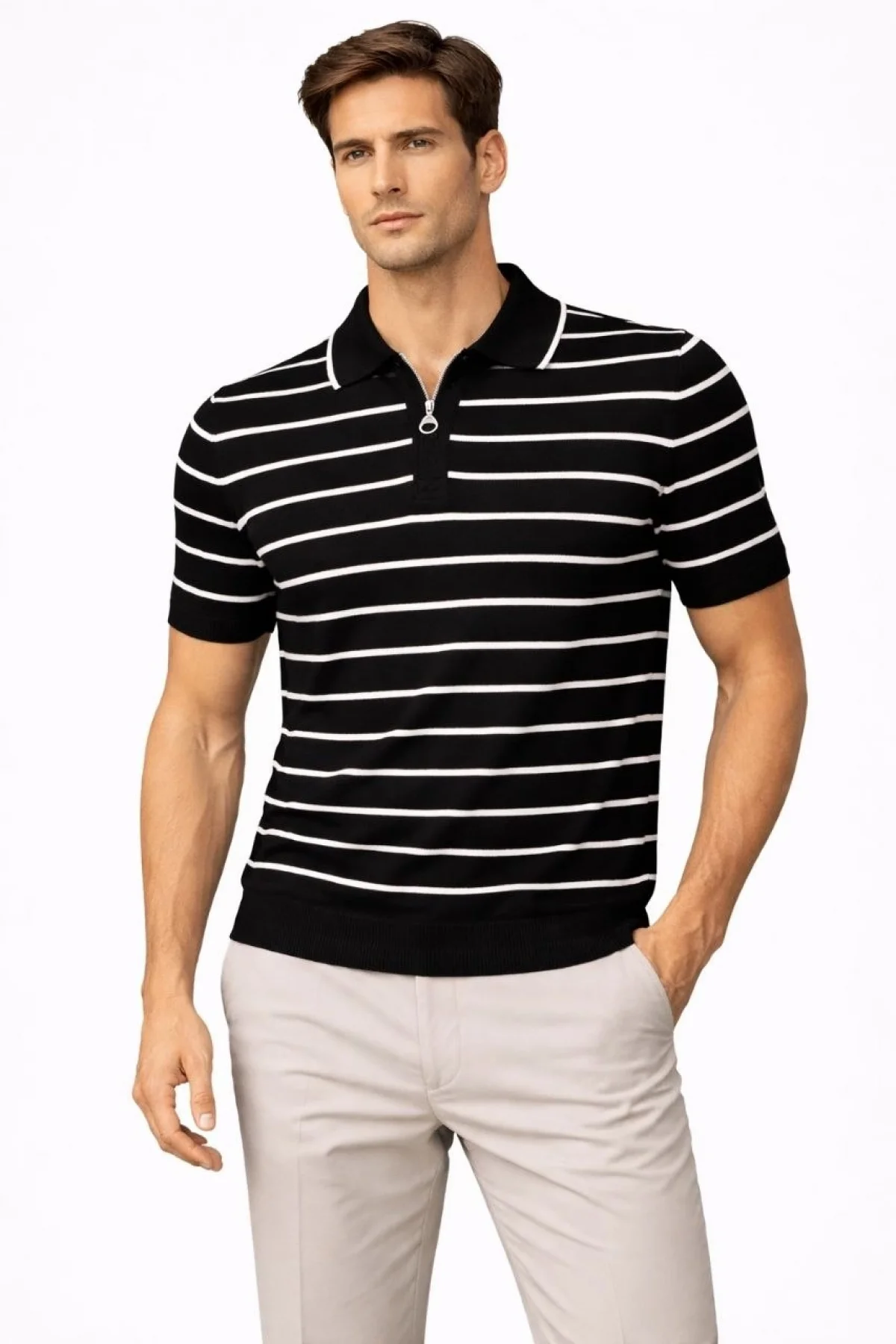 Erkek Triko Polo Yaka Fermuarlı Çizgili Tişört T-Shirt Yazlık Şık - Siyah