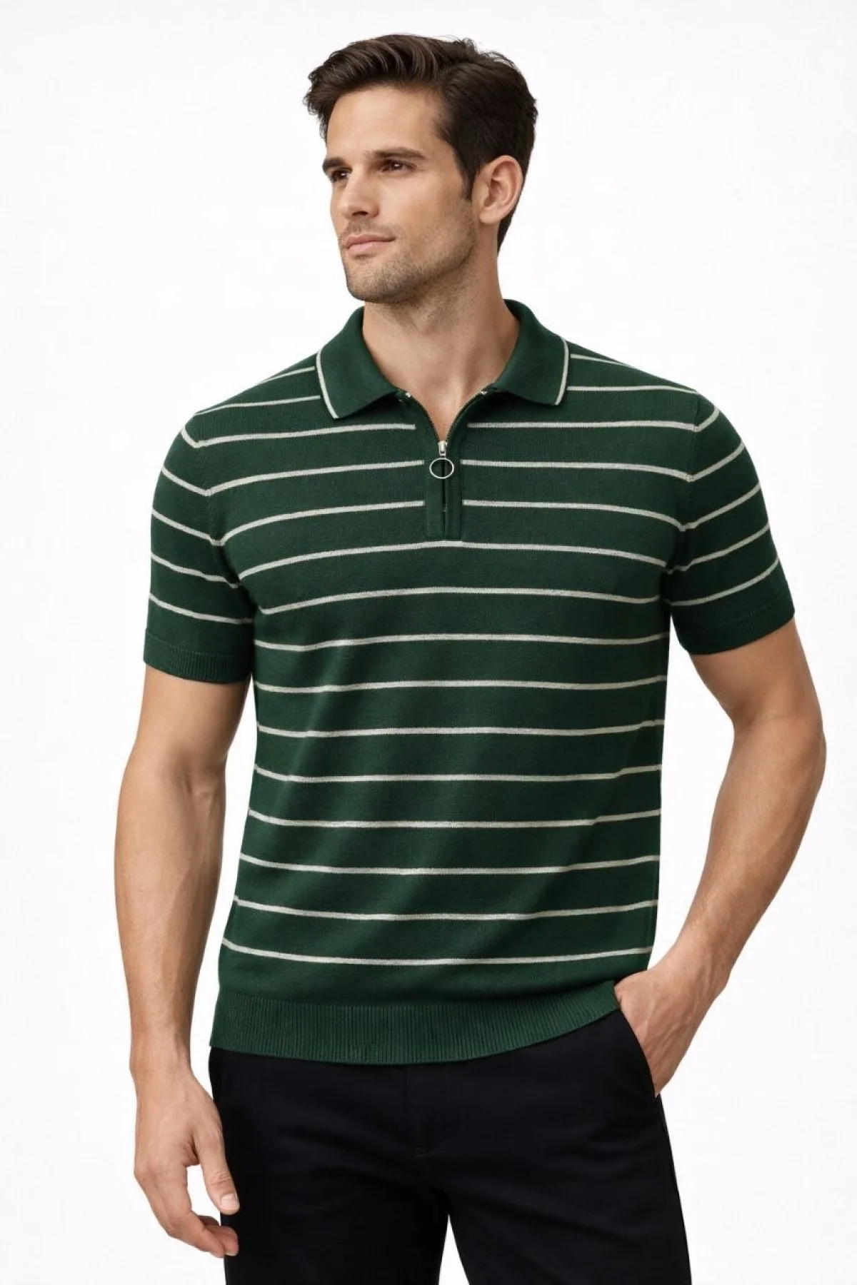 Erkek Triko Polo Yaka Fermuarlı Çizgili Tişört T-Shirt Yazlık Şık - Yeşil