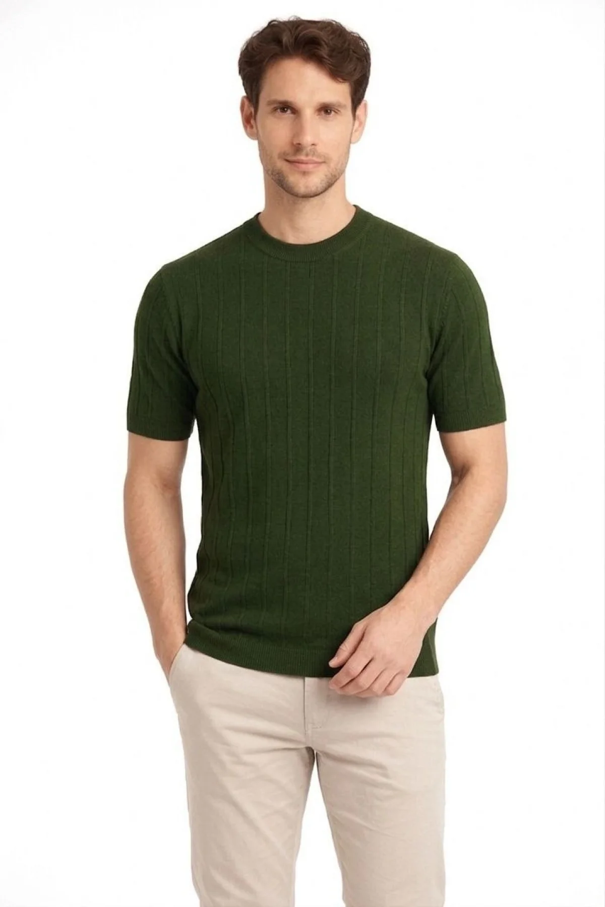 Erkek Yazlık Fitilli Triko Tişört Kısa Kol Bisiklet Yaka T-Shirt - Haki