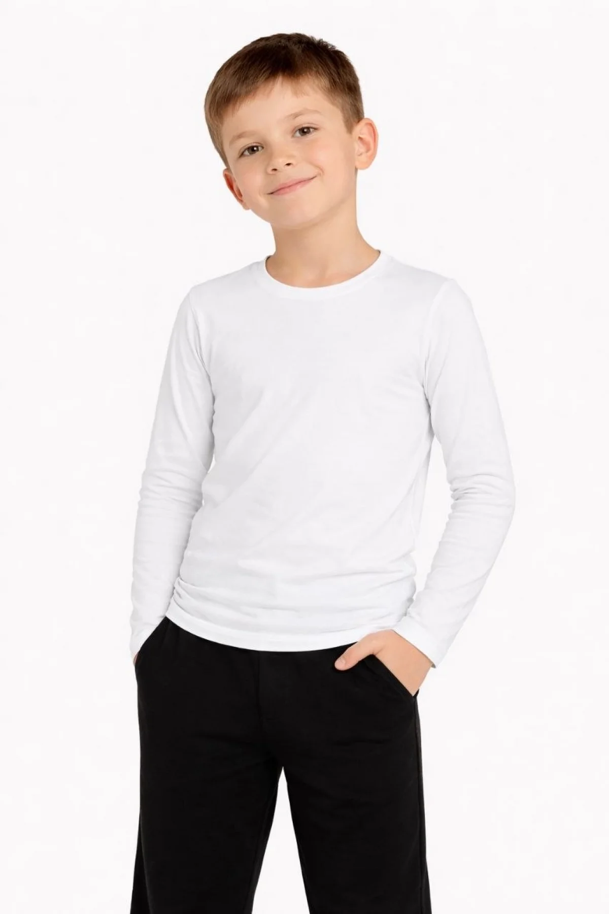 Erkek Çocuk Basic Uzun Kollu Tişört Okul Günlük Rahat T-Shirt - Beyaz