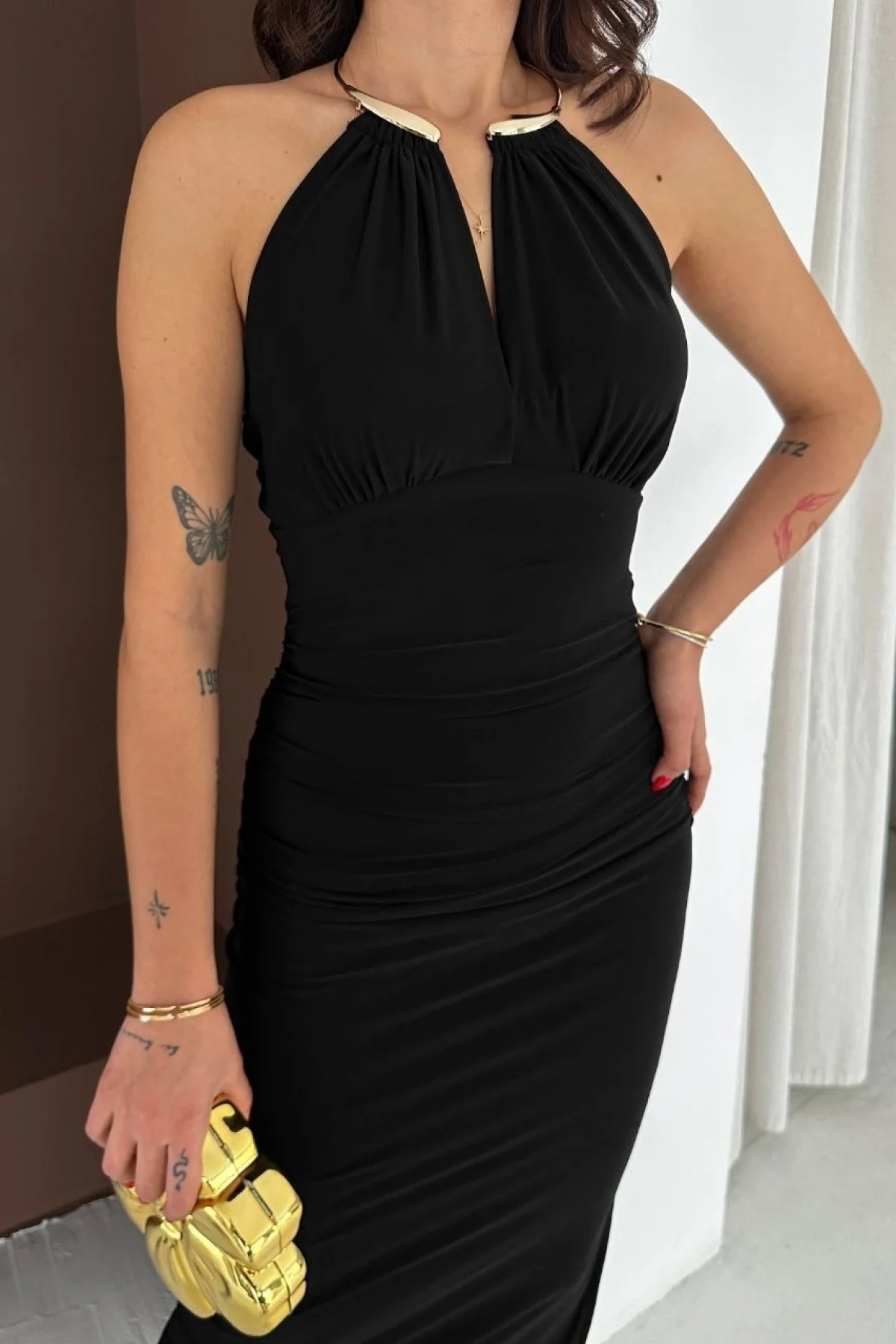 Kadın Uzun Abiye Elbise Yırtmaçlı Sırt Dekolteli Şık Gece Elbisesi - Siyah