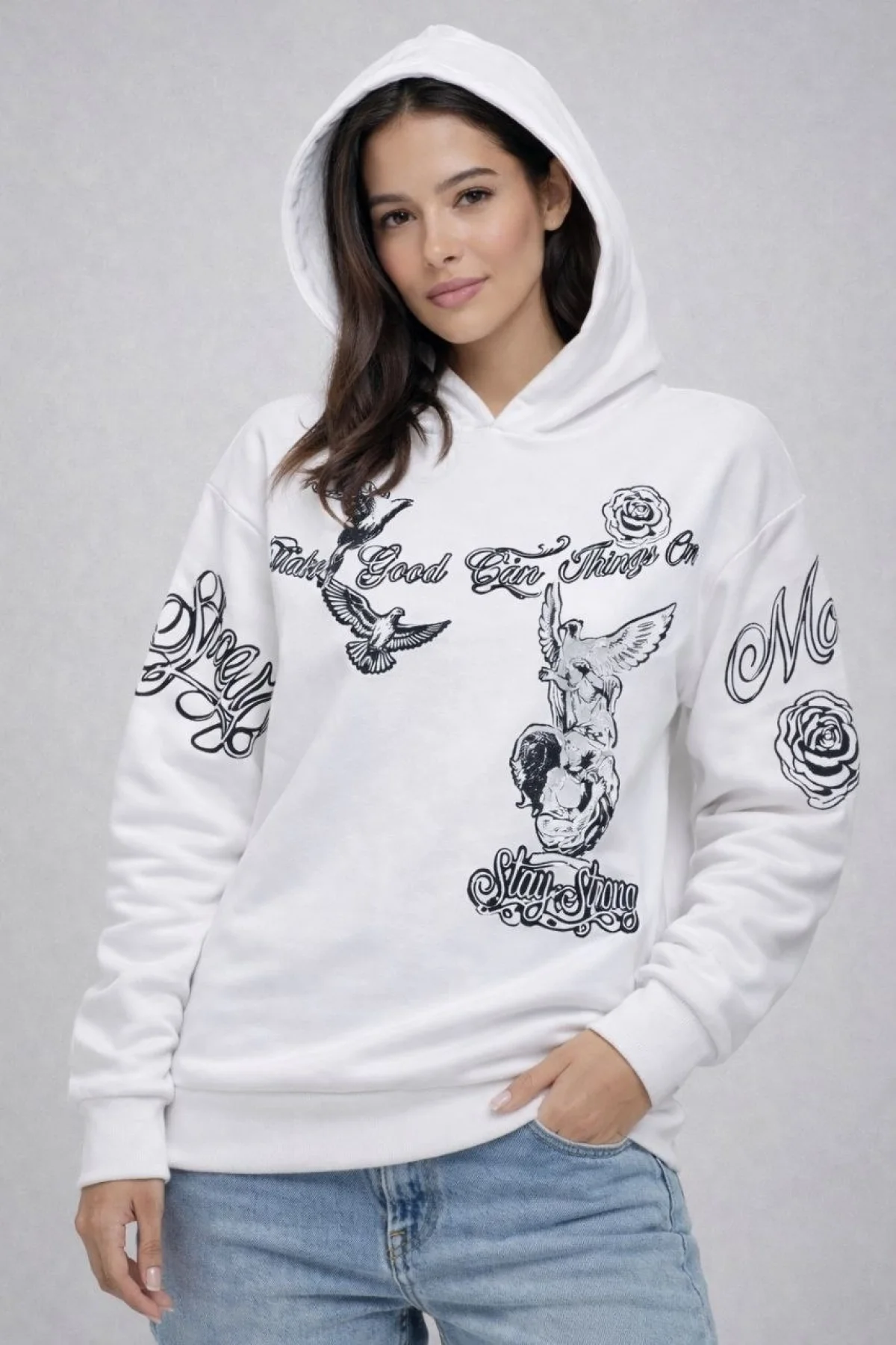 Kadın 3 İplik Pamuklu Kapüşonlu Baskılı SweatShirt hoodie - Beyaz