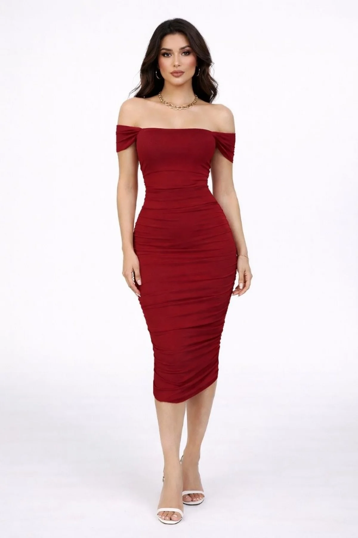 Kadın Madonna Yaka Drapeli Midi Elbise Likralı Vücuda Oturan Davet Elbisesi - Bordo