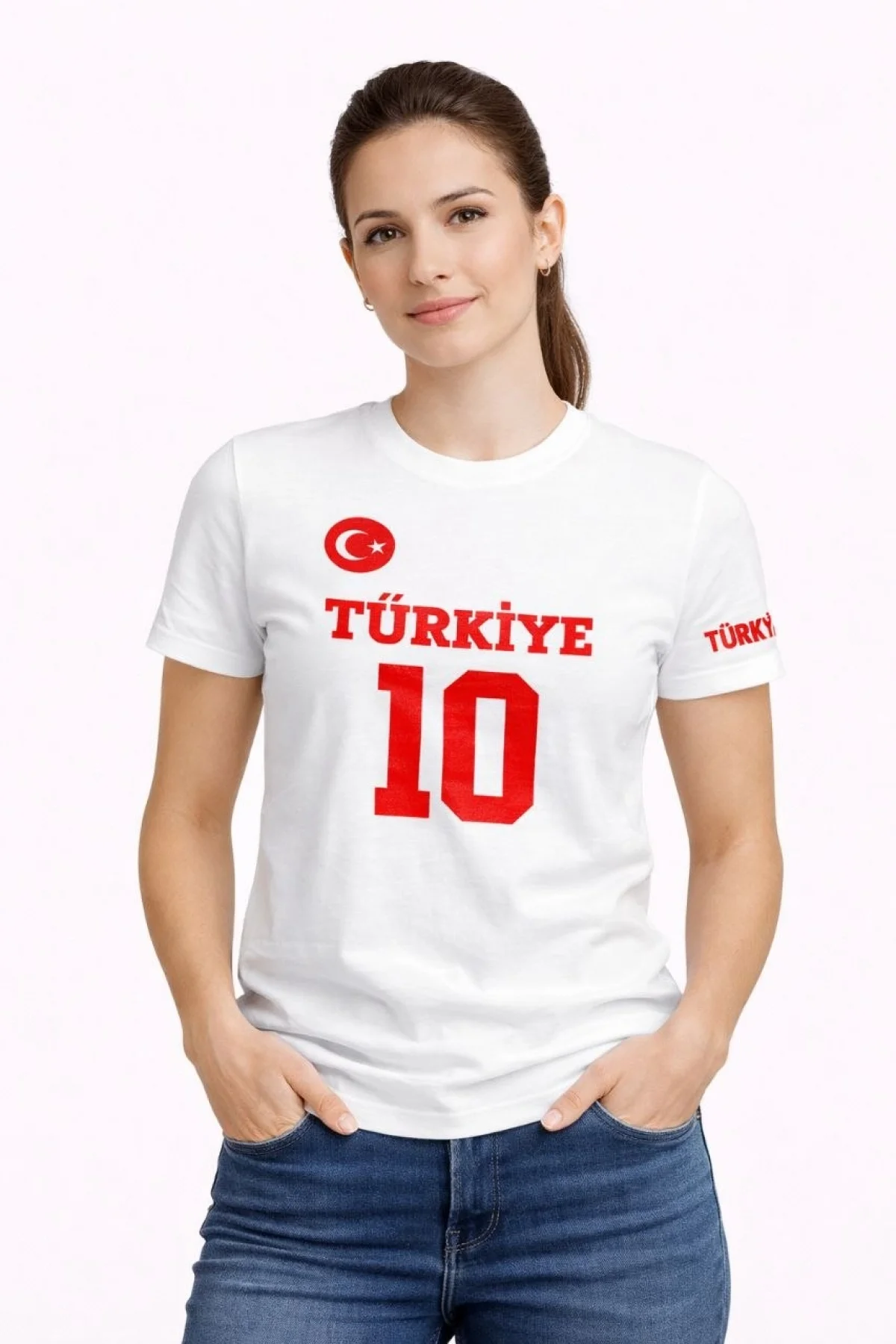 Kadın TÜRKİYE Ay Yıldız Baskılı 10 Numara Forma Tişört Taraftar T-Shirt - Beyaz