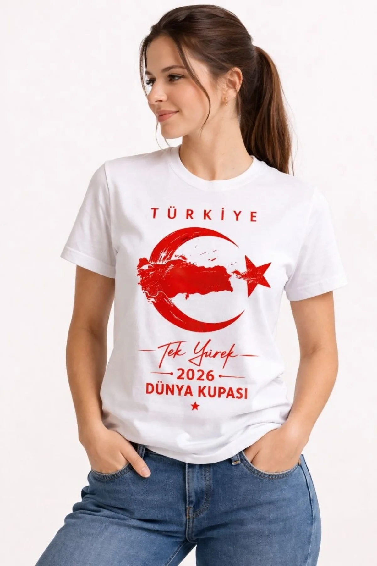 Kadın TÜRKİYE Ay Yıldız 2026 Dünya Kupasi Taraftar Forma T-Shirt - Beyaz