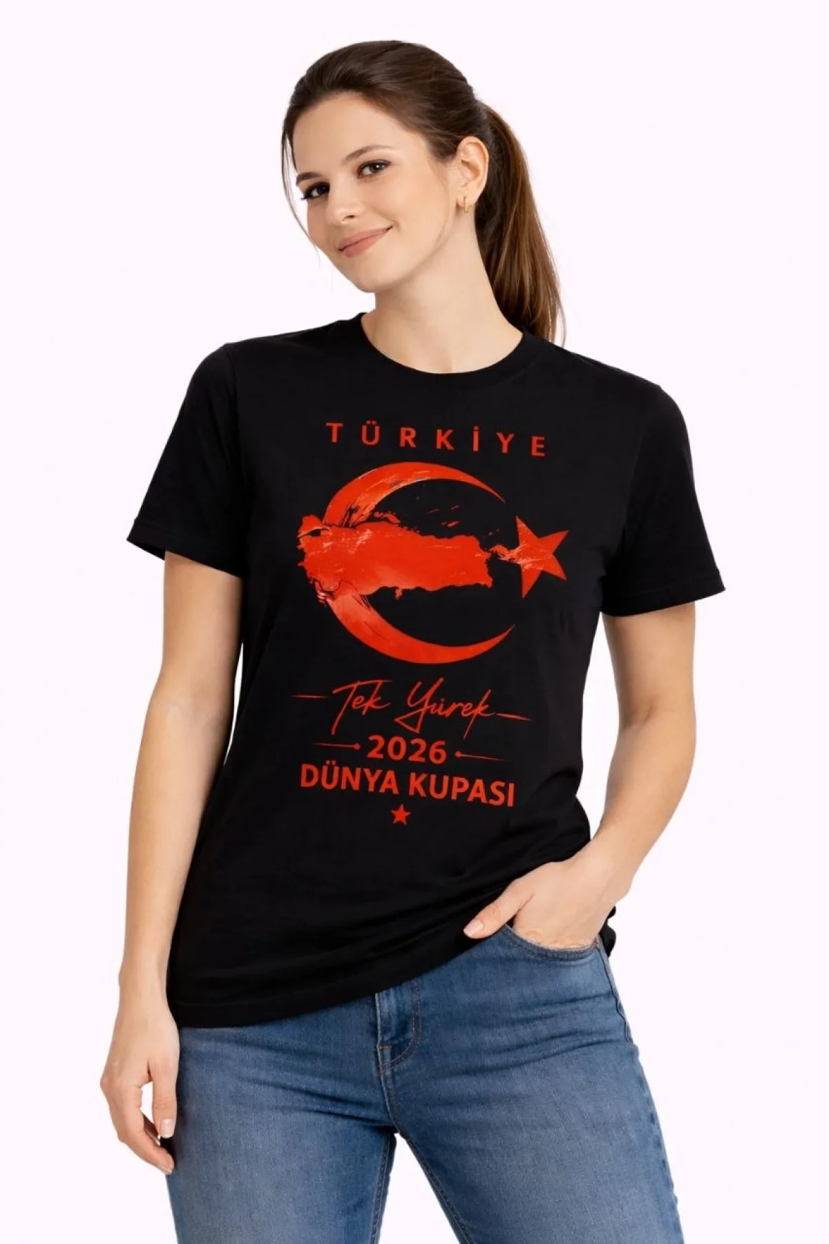 Kadın TÜRKİYE Ay Yıldız 2026 Dünya Kupasi Taraftar Forma T-Shirt - Siyah