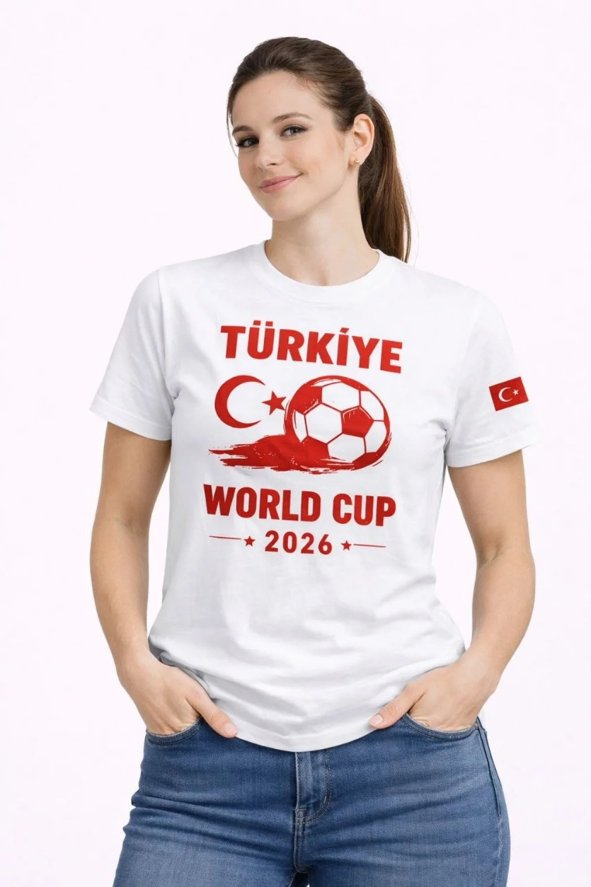 Kadın Türkiye World Cup 2026 Baskılı Tişört Futbol Temalı Forma T-Shirt - Beyaz