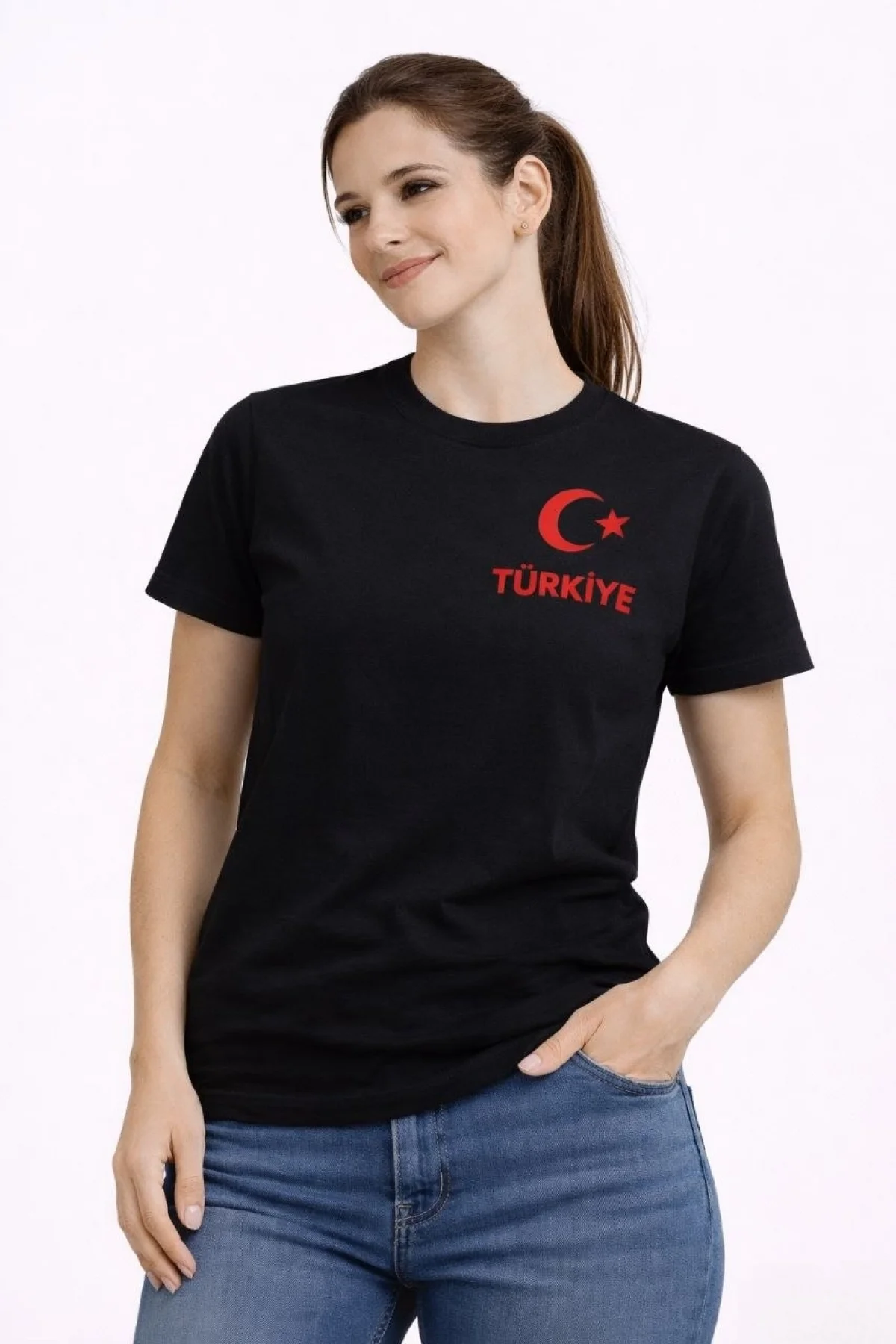 Kadın TÜRKİYE Ay Yıldız Baskılı Taraftar Forma T-Shirt - Siyah