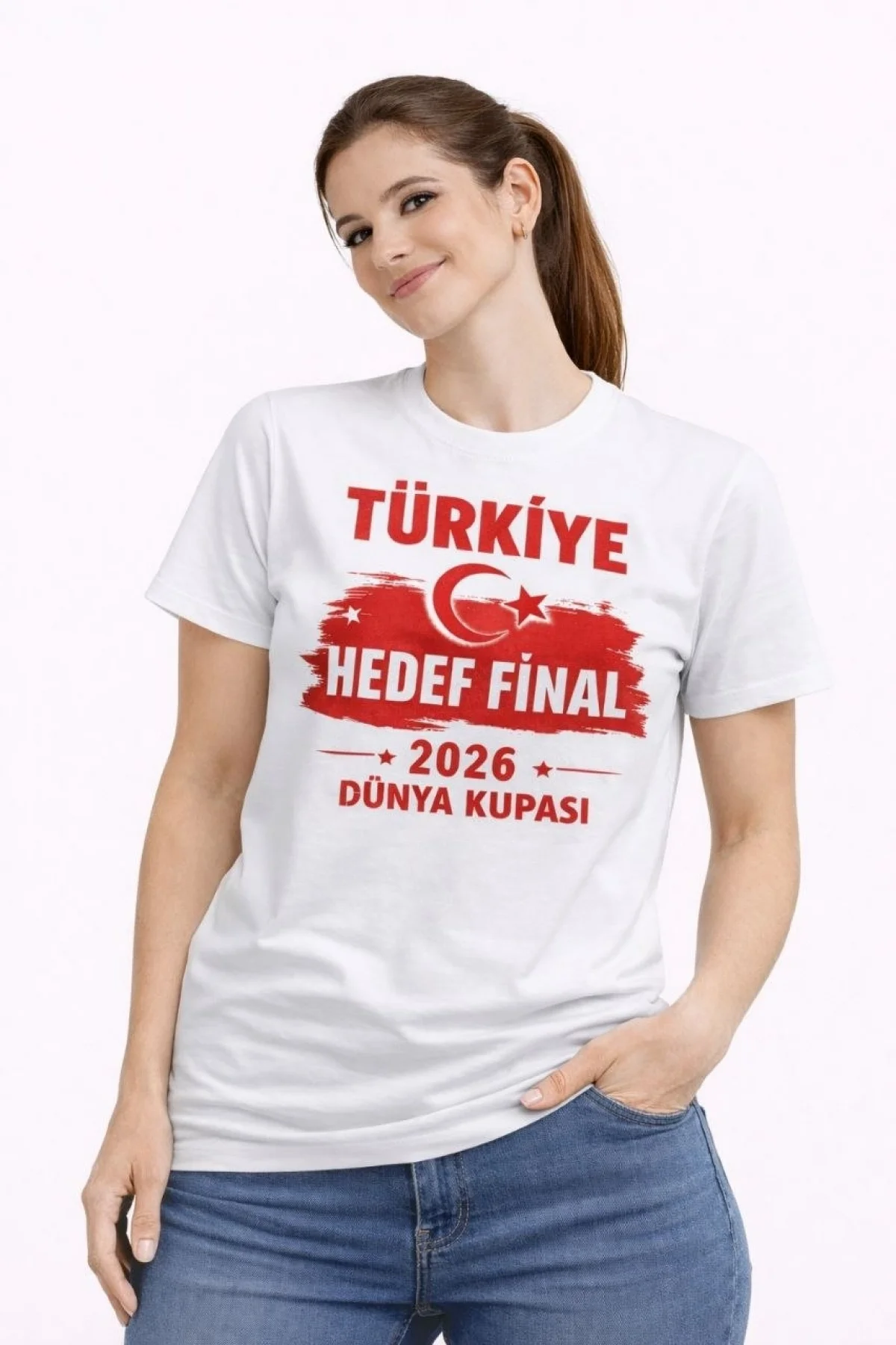 Kadın TÜRKİYE Baskılı Tişört Ay Yıldız 2026 Dünya Kupası Taraftar Forma T-Shirt - Beyaz