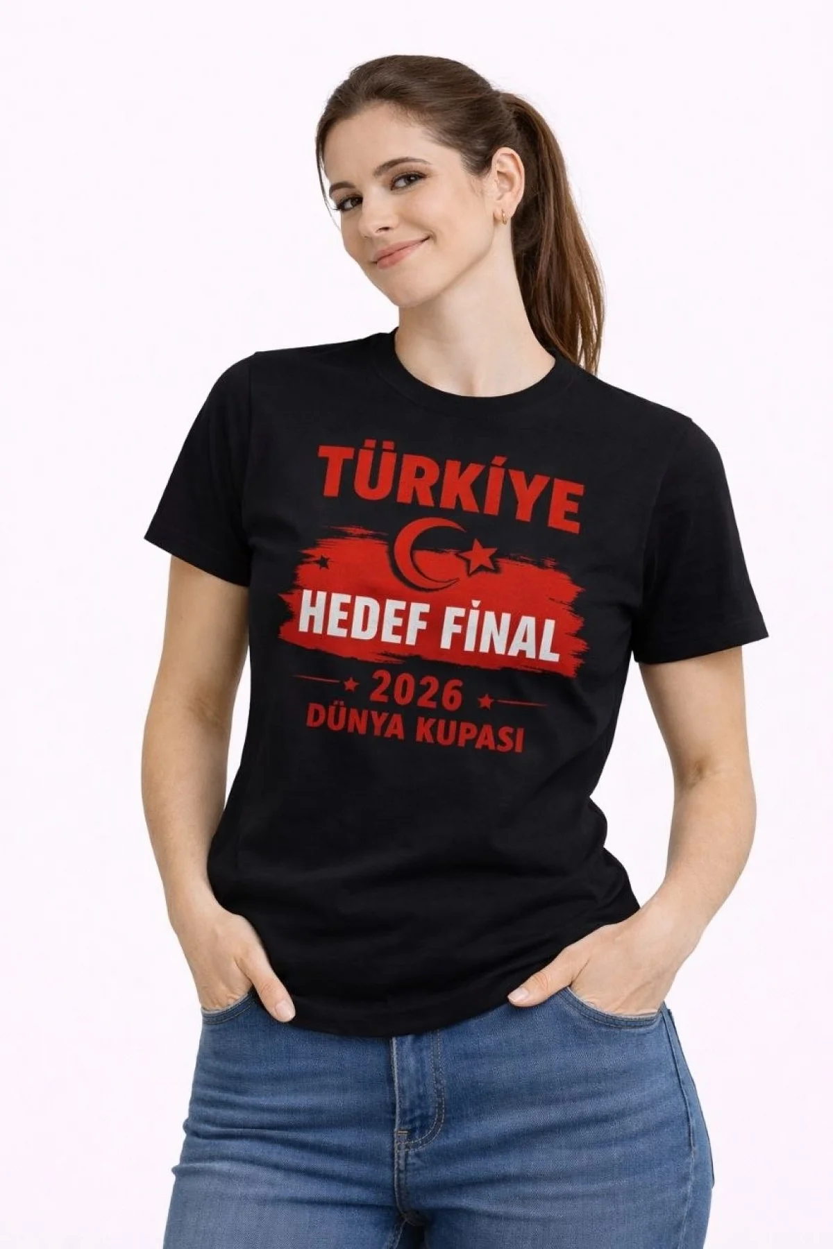 Kadın TÜRKİYE Baskılı Tişört Ay Yıldız 2026 Dünya Kupası Taraftar Forma T-Shirt - Siyah