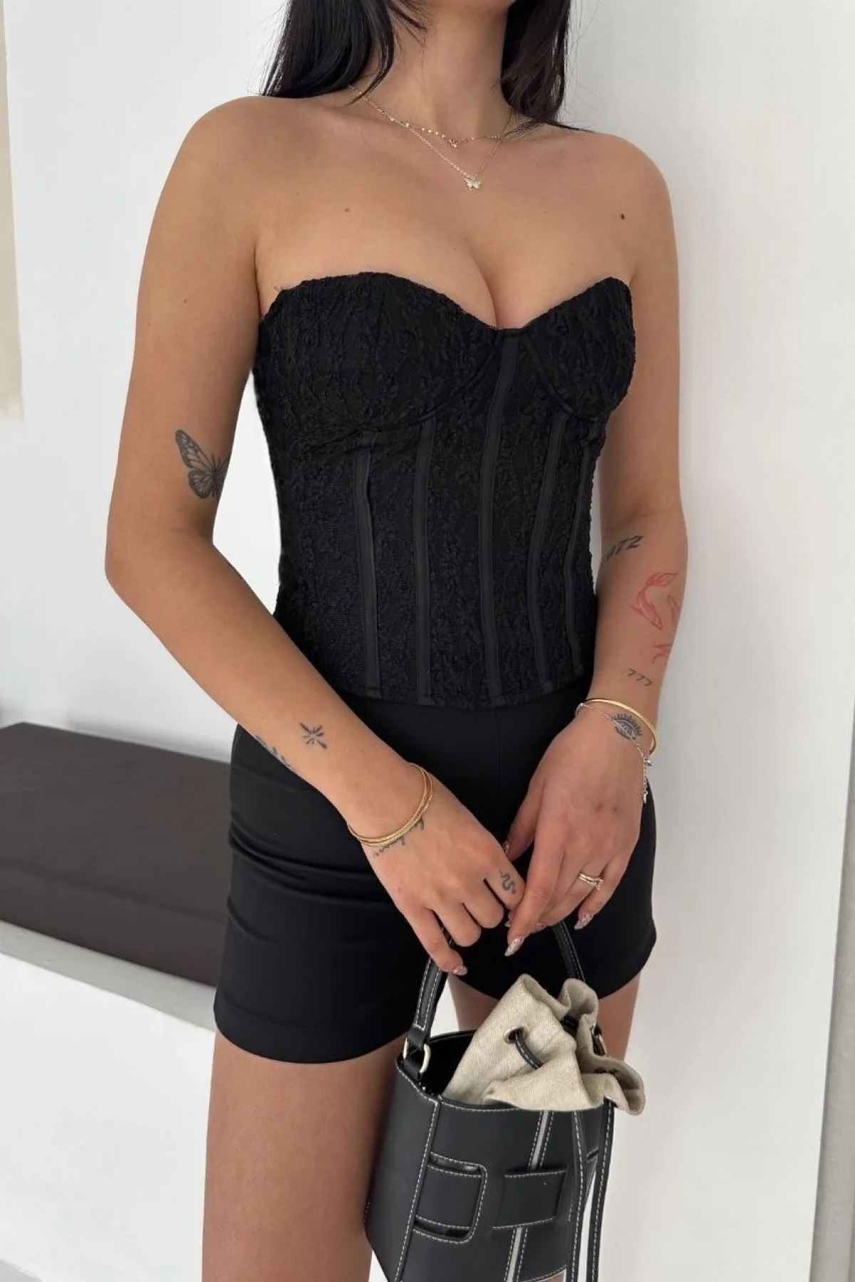 Kadın Fermuarlı Dantel Korse Straplez Bustiyer Transparan Şık Top - Siyah