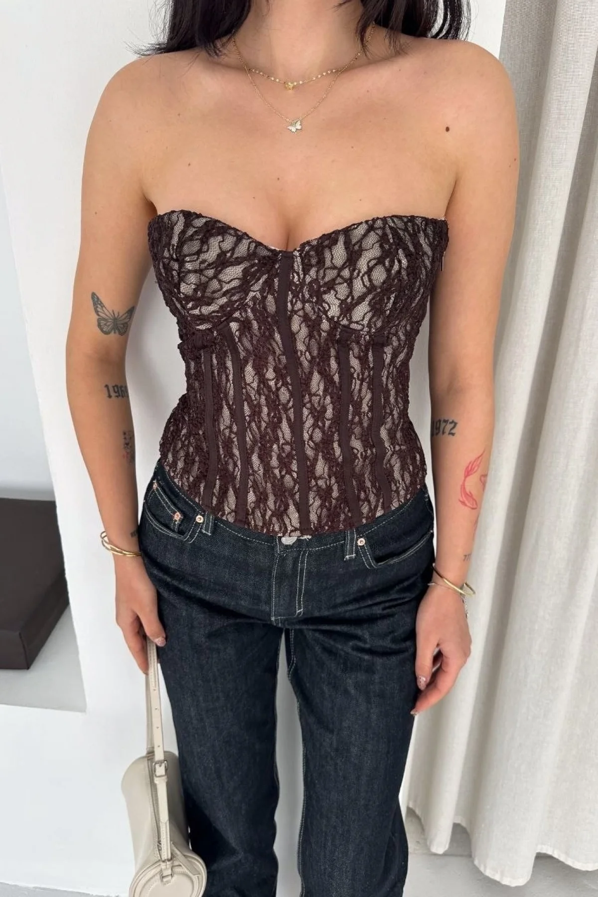 Kadın Fermuarlı Dantel Korse Straplez Bustiyer Transparan Şık Top - Kahverengi