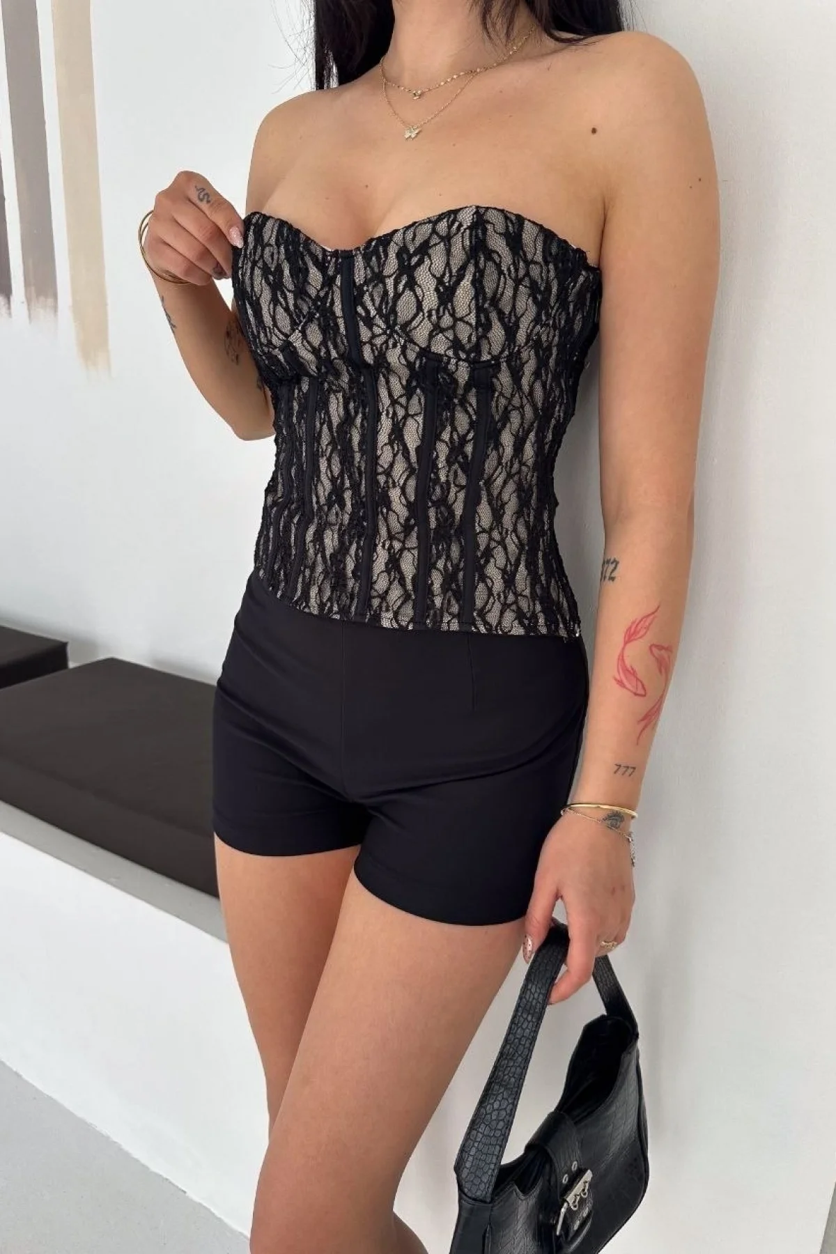 Kadın Fermuarlı Dantel Korse Straplez Bustiyer Transparan Şık Top - Bej