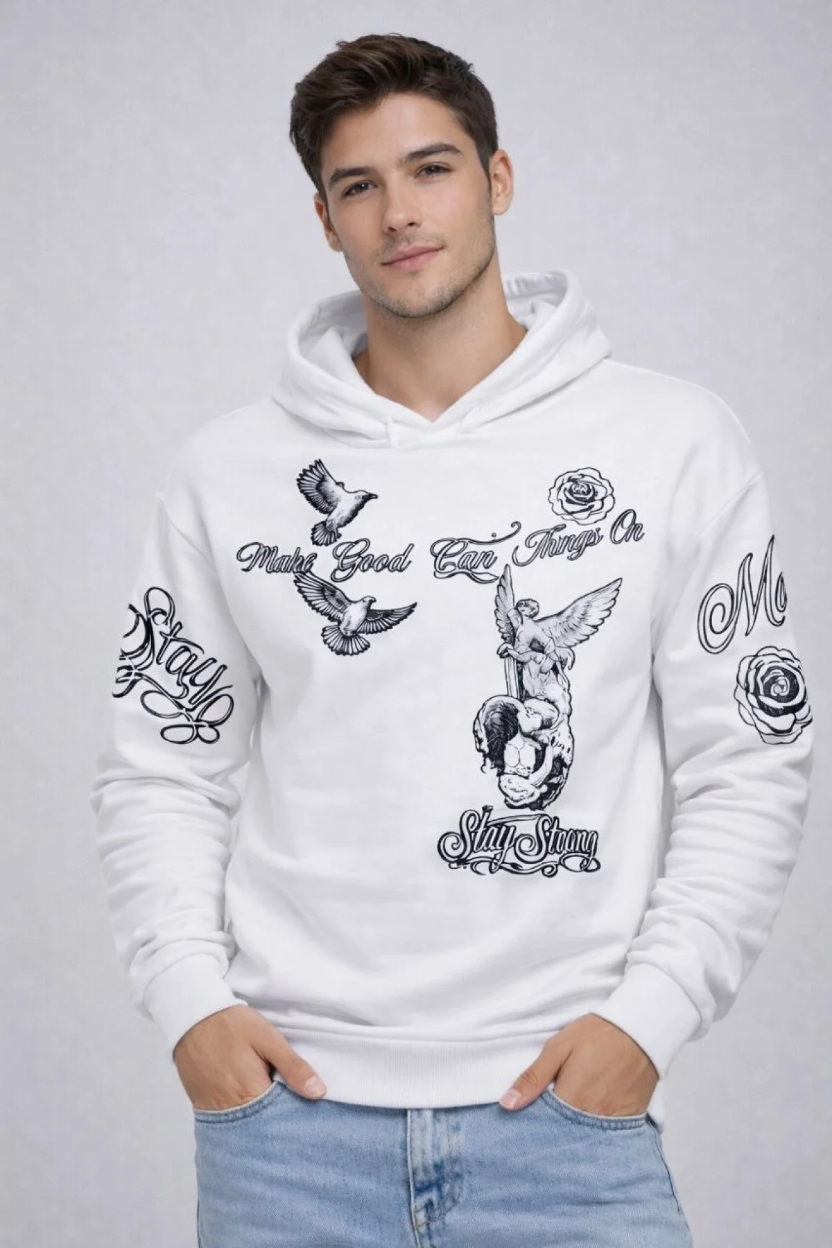 Erkek 3 İplik Pamuklu Kapüşonlu Baskılı SweatShirt hoodie - Beyaz