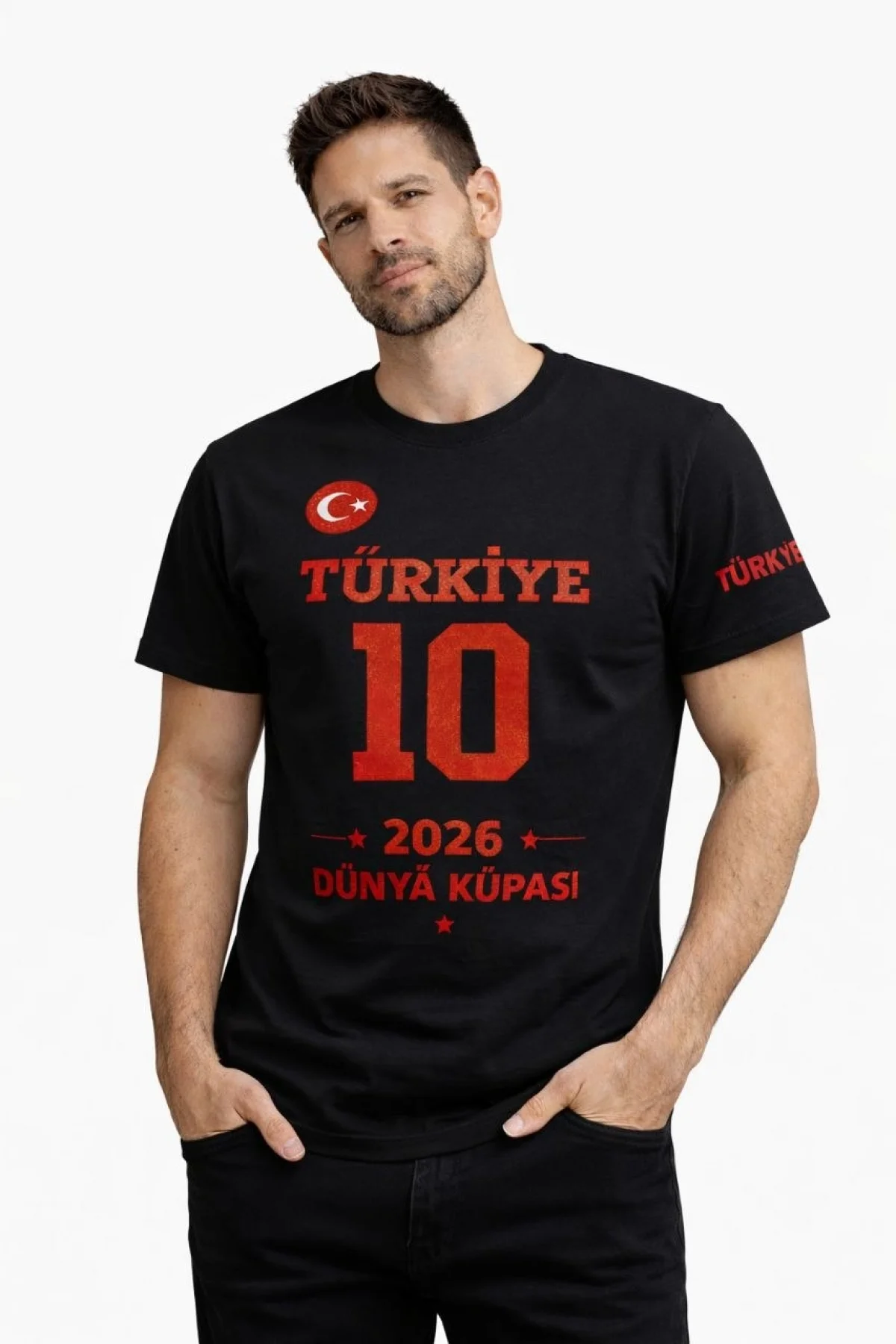 Erkek TÜRKİYE Baskılı Tişört 2026 Dünya Kupası Taraftar Forma T-Shirt - Siyah