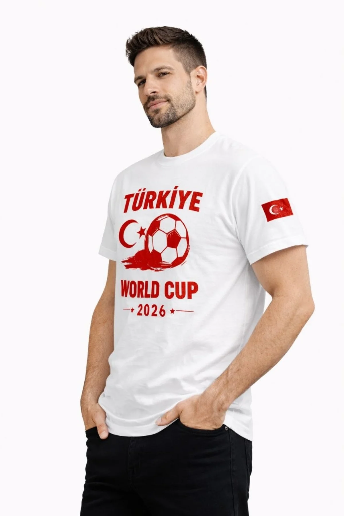 Erkek Türkiye World Cup 2026 Baskılı Tişört Futbol Temalı Forma T-Shirt - Beyaz
